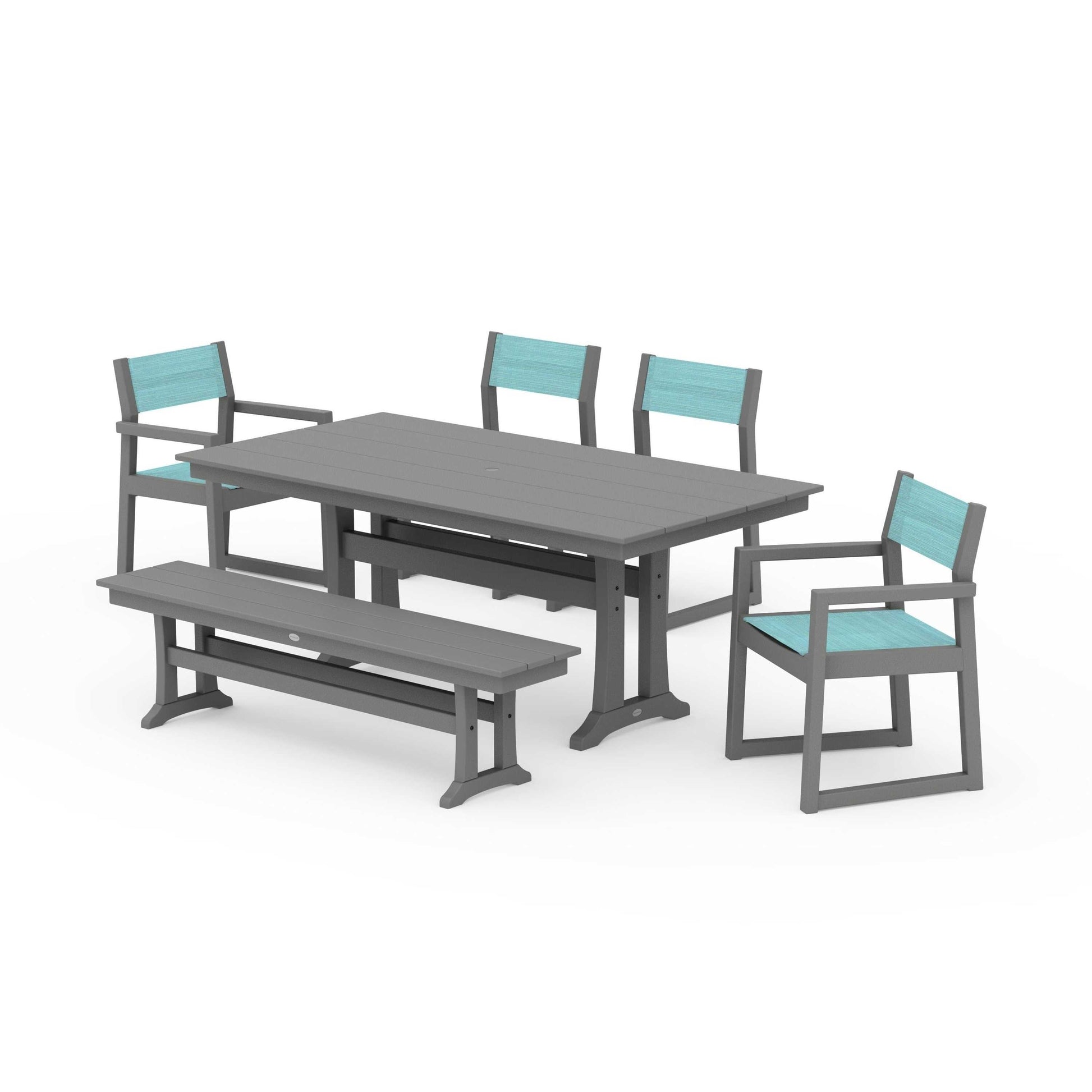 POLYWOOD EDGE Sling 6-Piece Farmhouse Dining Set With Trestle Legs — Slate Grey / Dupioni Aquamarine Sling