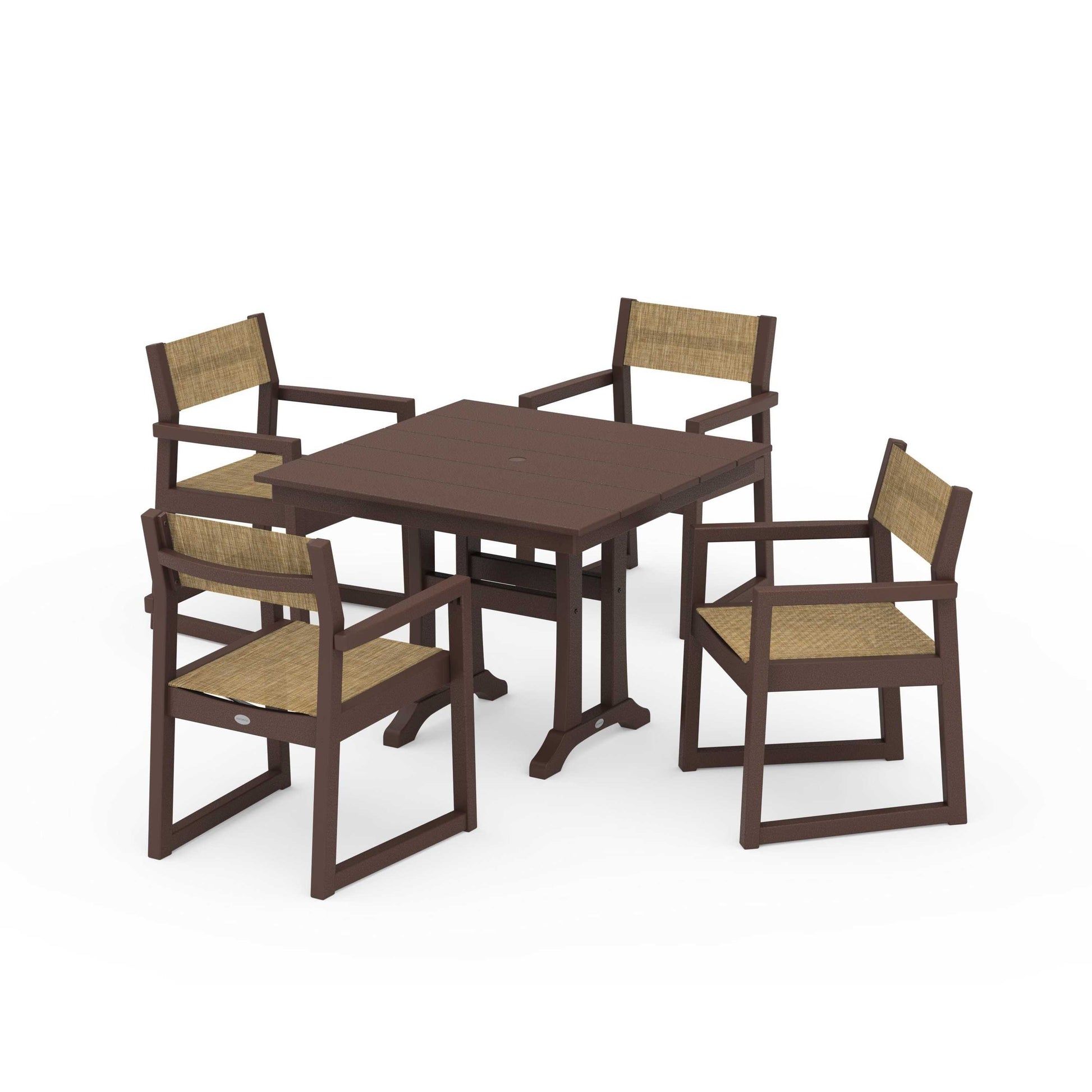 POLYWOOD EDGE Sling 5-Piece Farmhouse Dining Set with Trestle Legs — Mahogany / Burlap Sling
