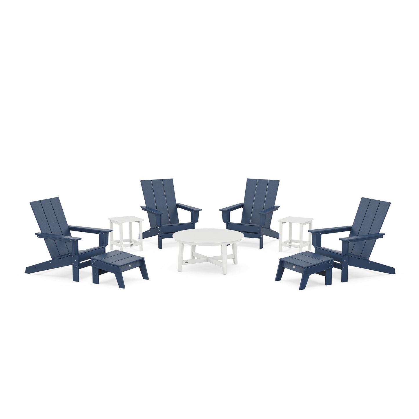 POLYWOOD Modern Studio Adirondack 9-Piece Conversation Set — Navy / White