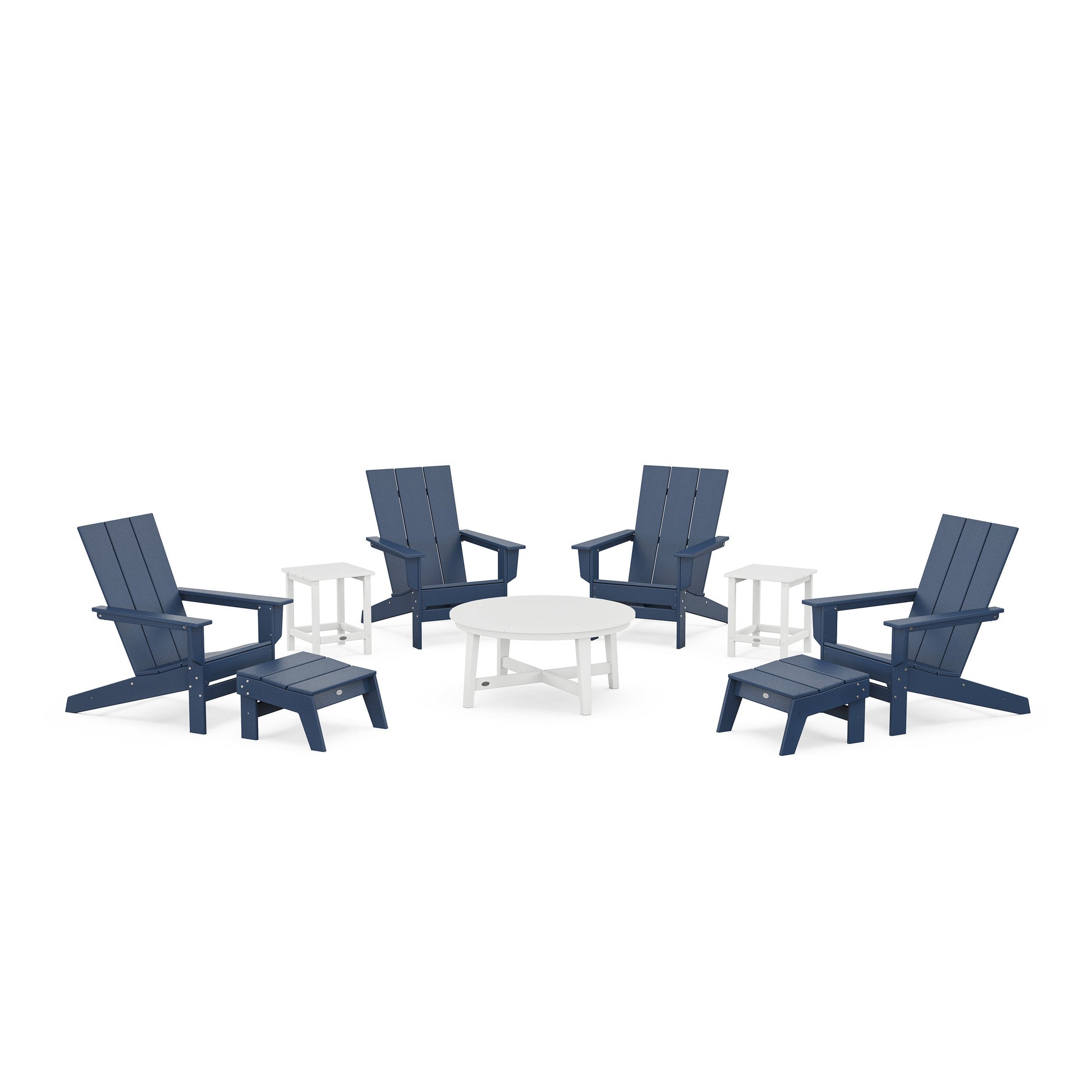 POLYWOOD Modern Studio Adirondack 9-Piece Conversation Set — Navy / White