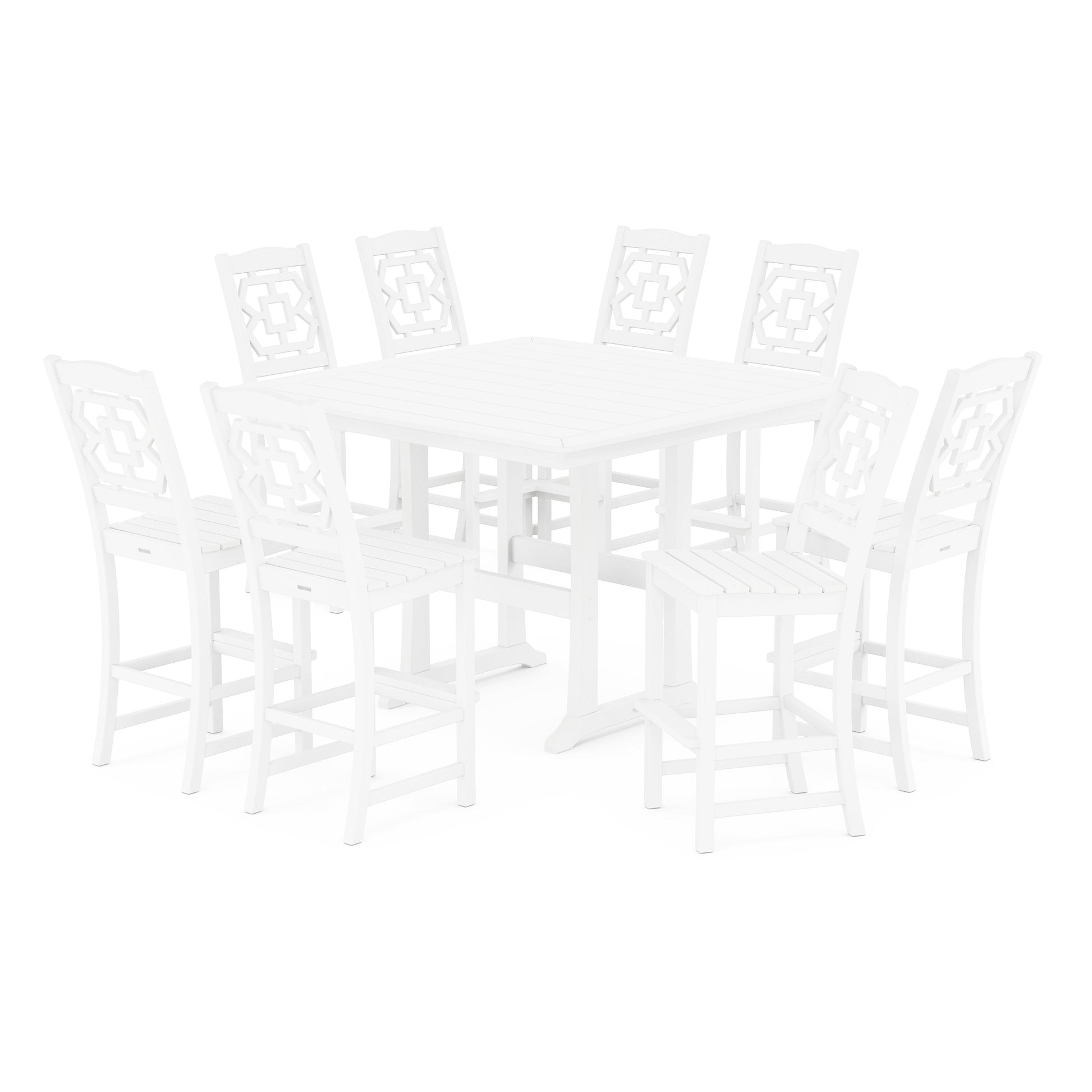 POLYWOOD Chinoiserie 9-Piece Square Side Chair Bar Set with Trestle Legs — White