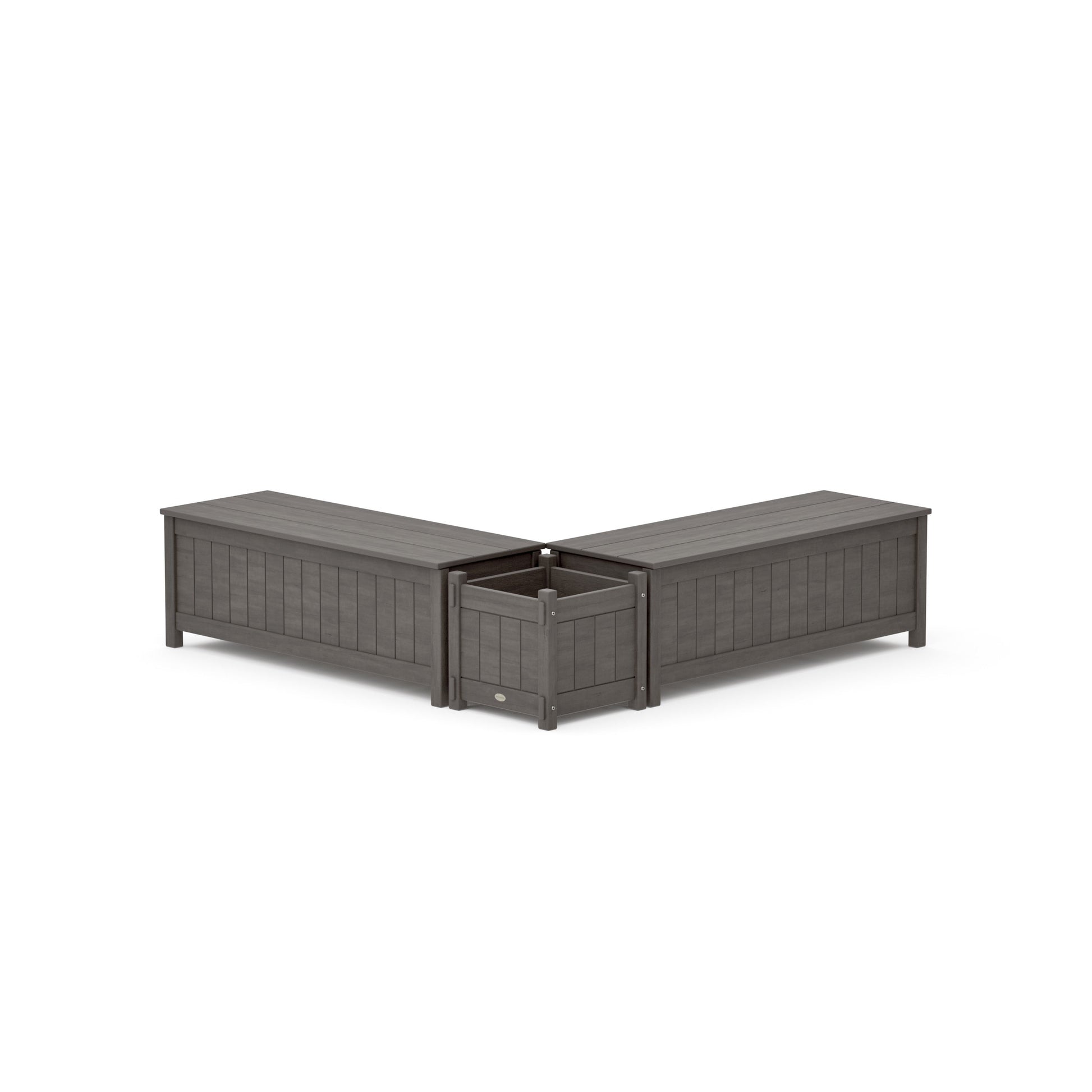 POLYWOOD 48" Vineyard L- Shaped Planter Storage Bench Set — Driftwood