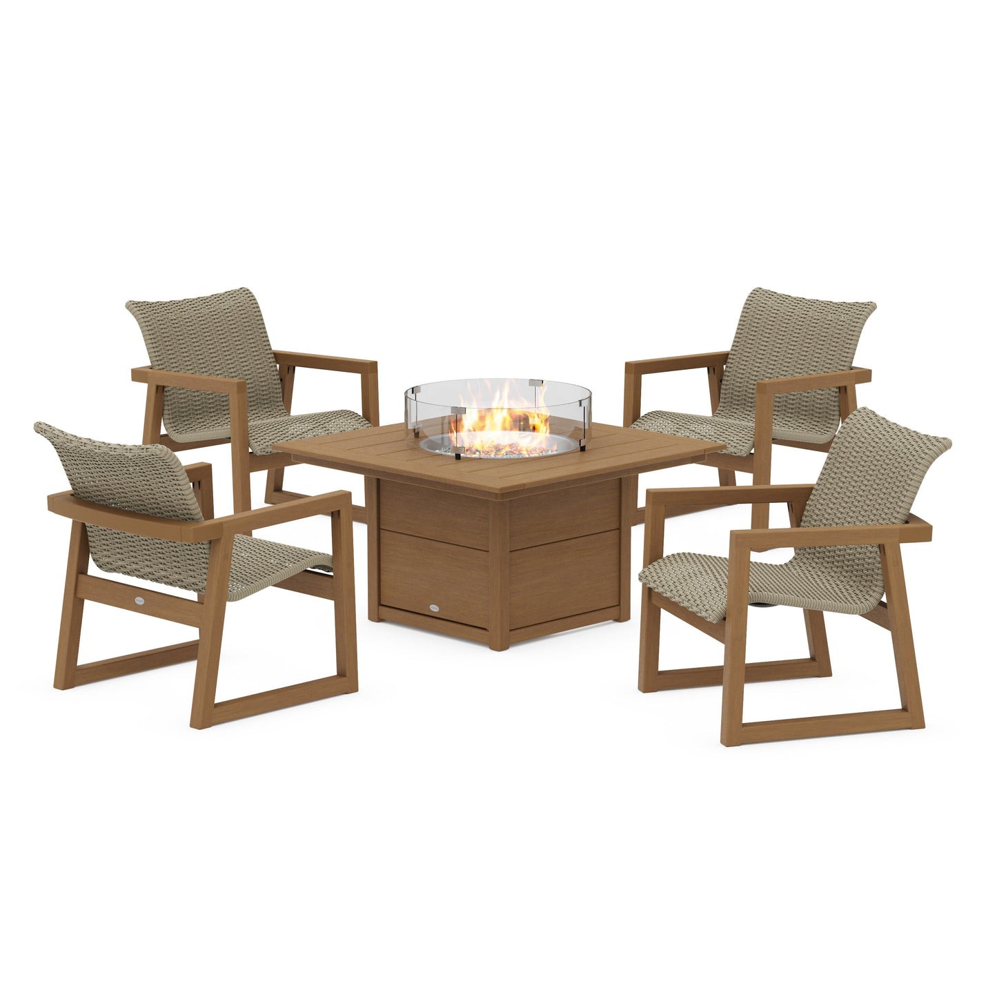 POLYWOOD EDGE Woven 5-Piece Lounge Chair Seating Set with Fire Pit Table — Natural / Dune Grass