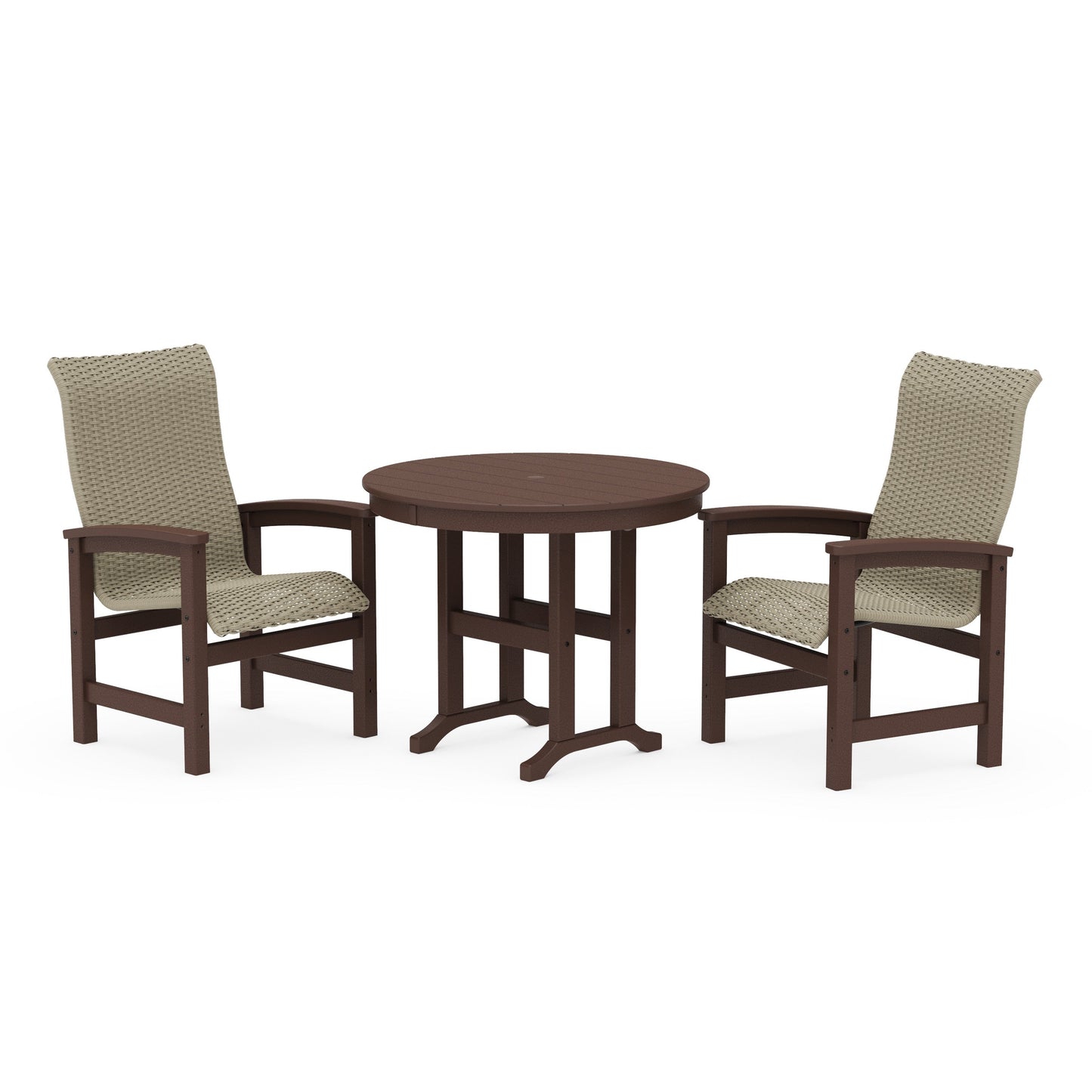 POLYWOOD Coastal Woven High-Back 3-Piece Farmhouse Dining Set — Mahogany / Dune Grass
