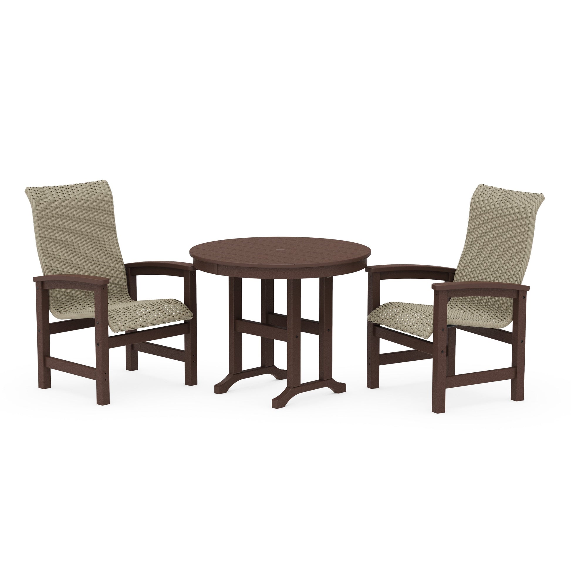 POLYWOOD Coastal Woven High-Back 3-Piece Farmhouse Dining Set — Mahogany / Dune Grass
