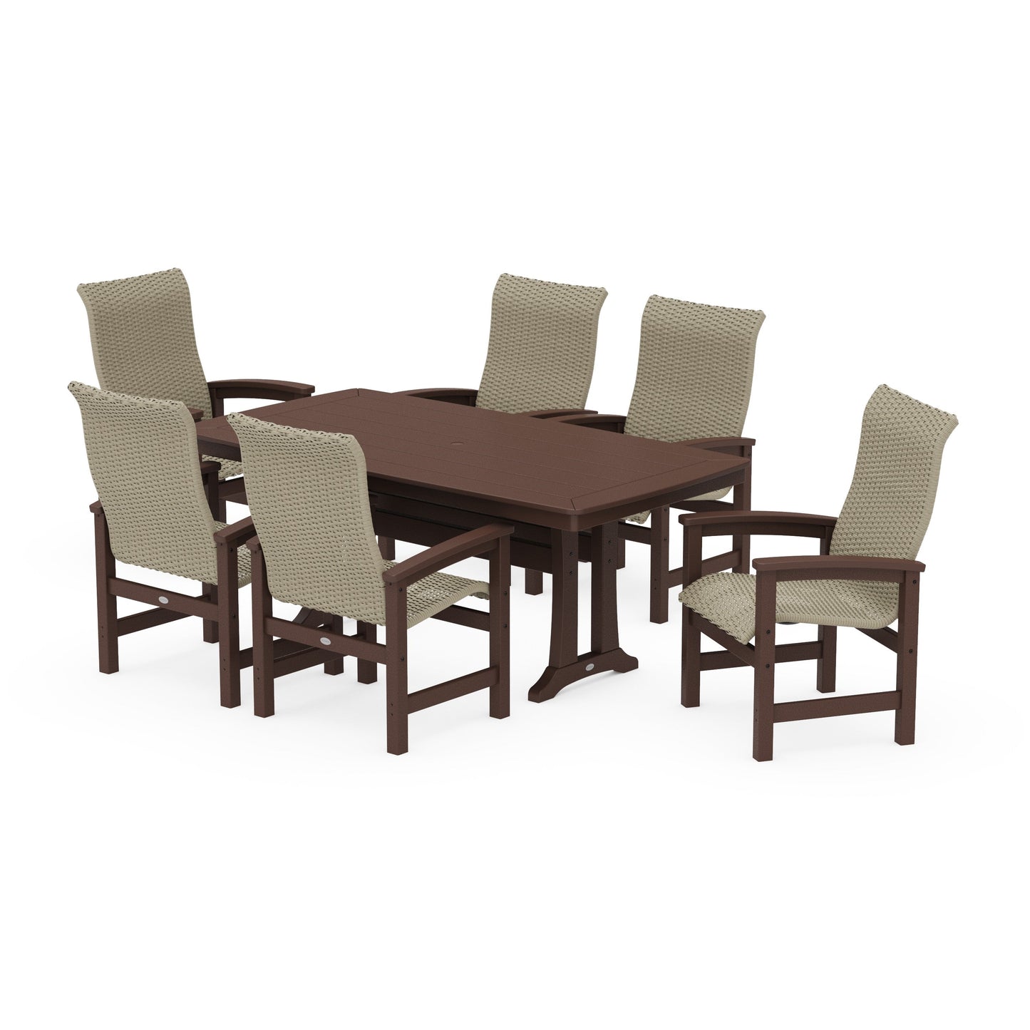 POLYWOOD Coastal Woven High-Back Arm Chair 7-Piece Dining Set with Trestle Legs — Mahogany / Dune Grass