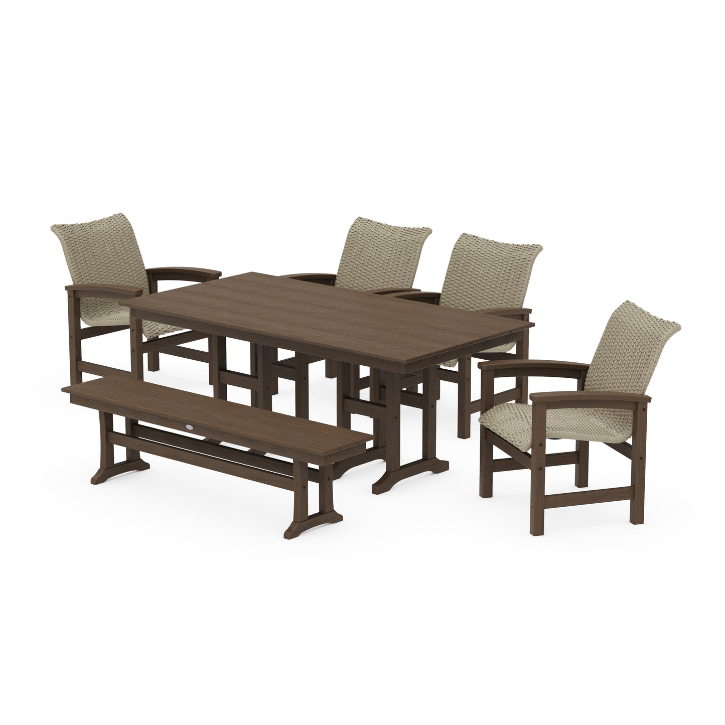 POLYWOOD Coastal Woven 6-Piece Farmhouse Dining Set with Bench — Kona / Dune Grass