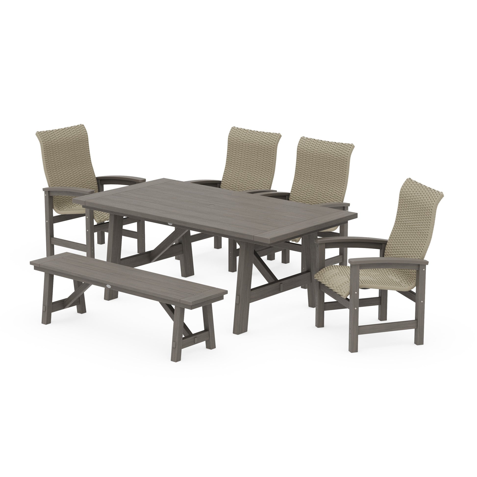 POLYWOOD Coastal Woven High-Back 6-Piece Rustic Farmhouse Dining Set with Bench — Driftwood / Dune Grass