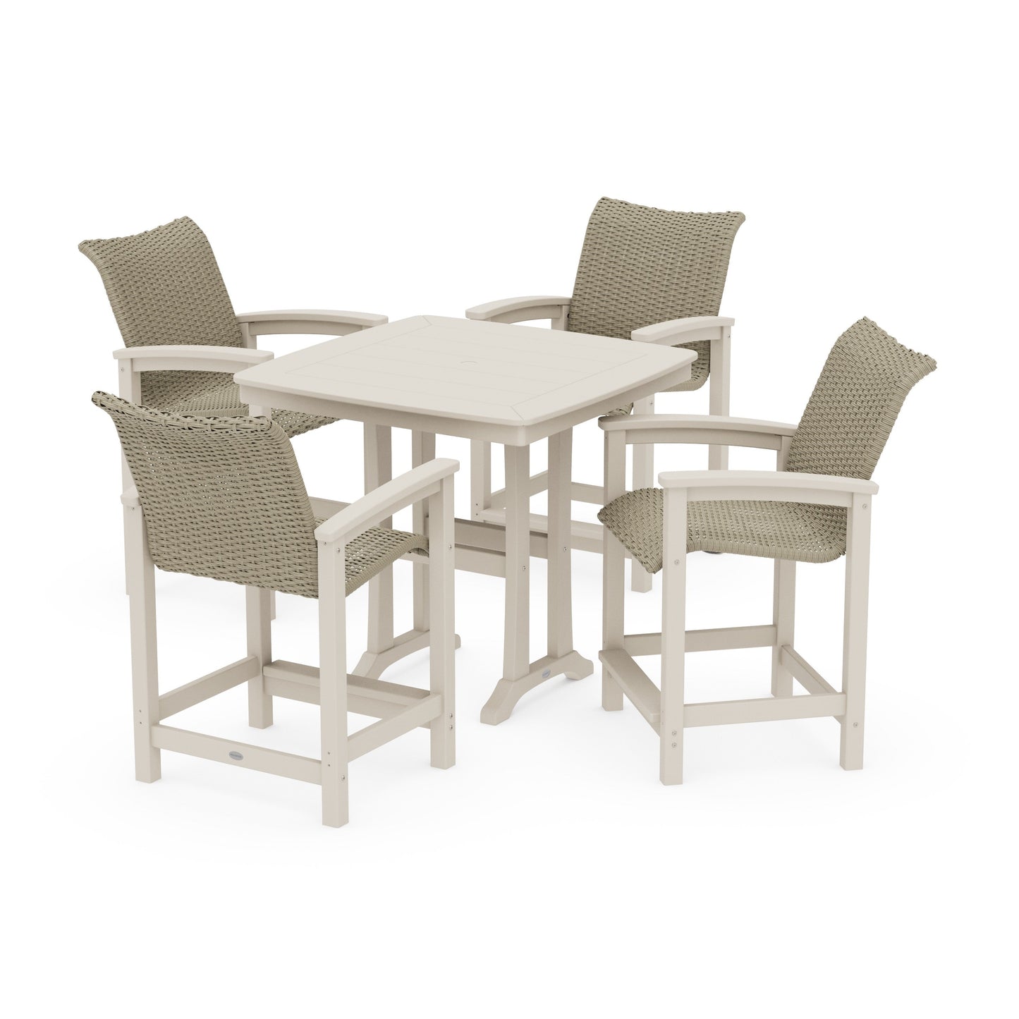 POLYWOOD Coastal Woven 5-Piece Counter Set with Trestle Legs — Sand / Dune Grass