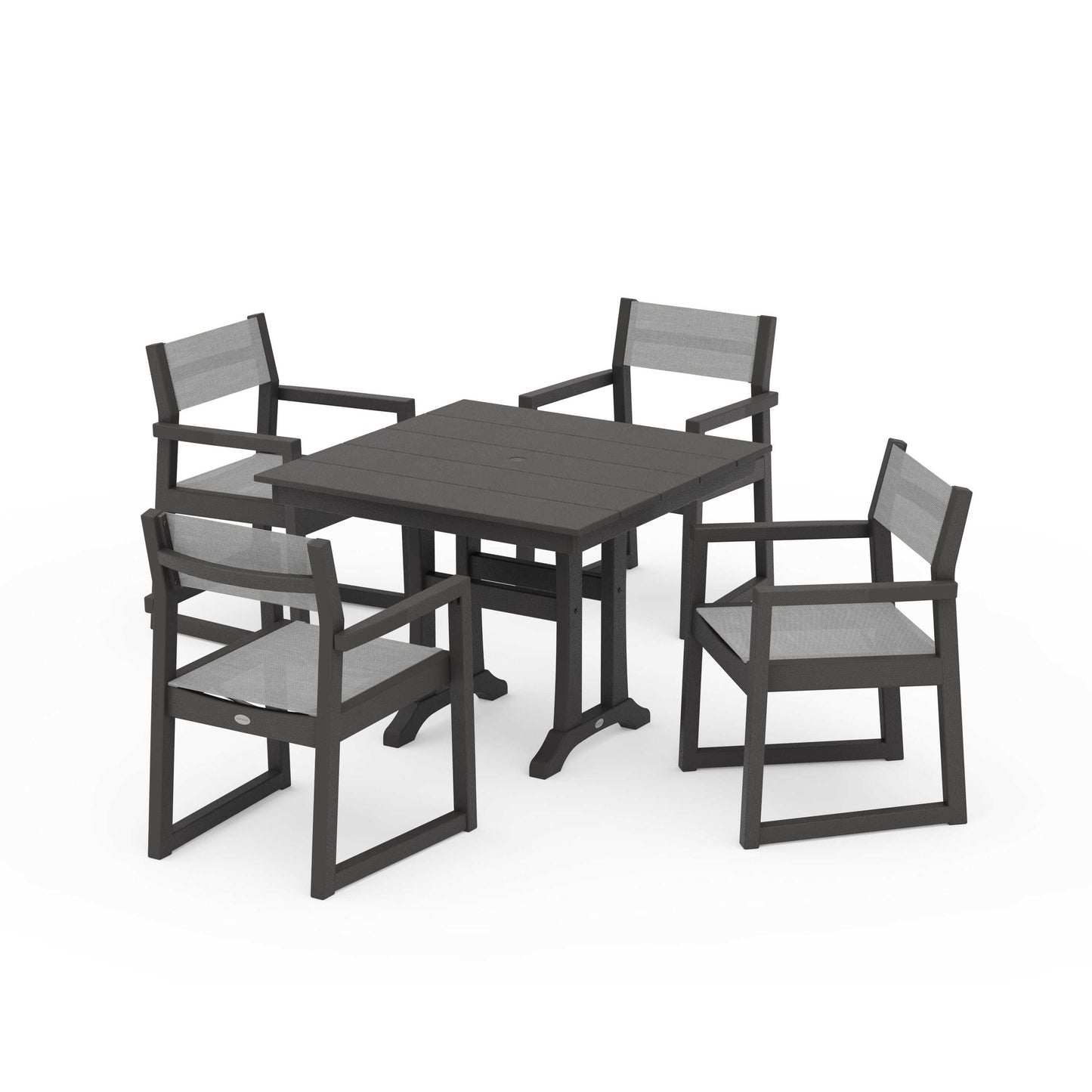 POLYWOOD EDGE Sling 5-Piece Farmhouse Dining Set with Trestle Legs — Vintage Coffee / Metallic Sling