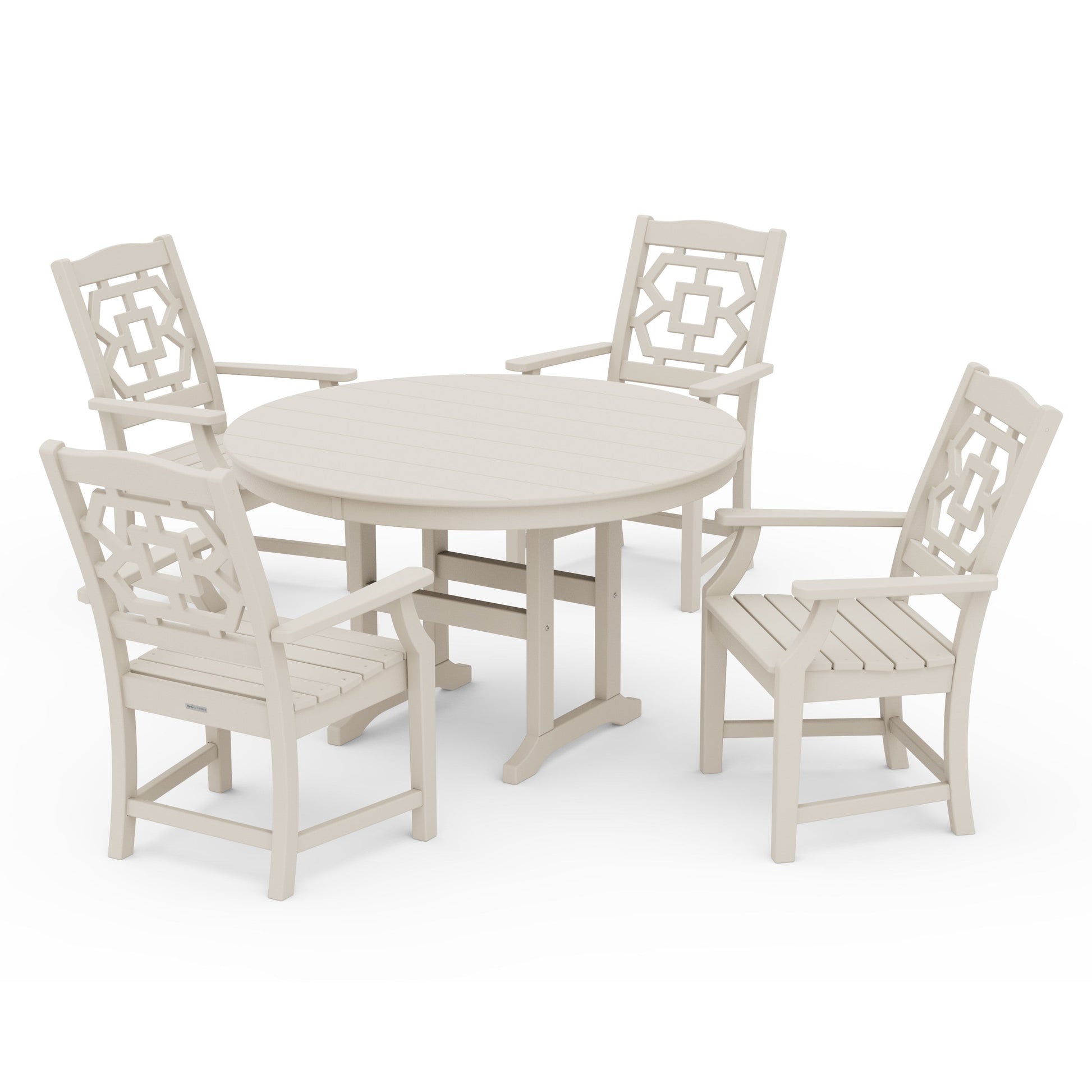 POLYWOOD Chinoiserie 5-Piece Round Farmhouse Dining Set — Sand