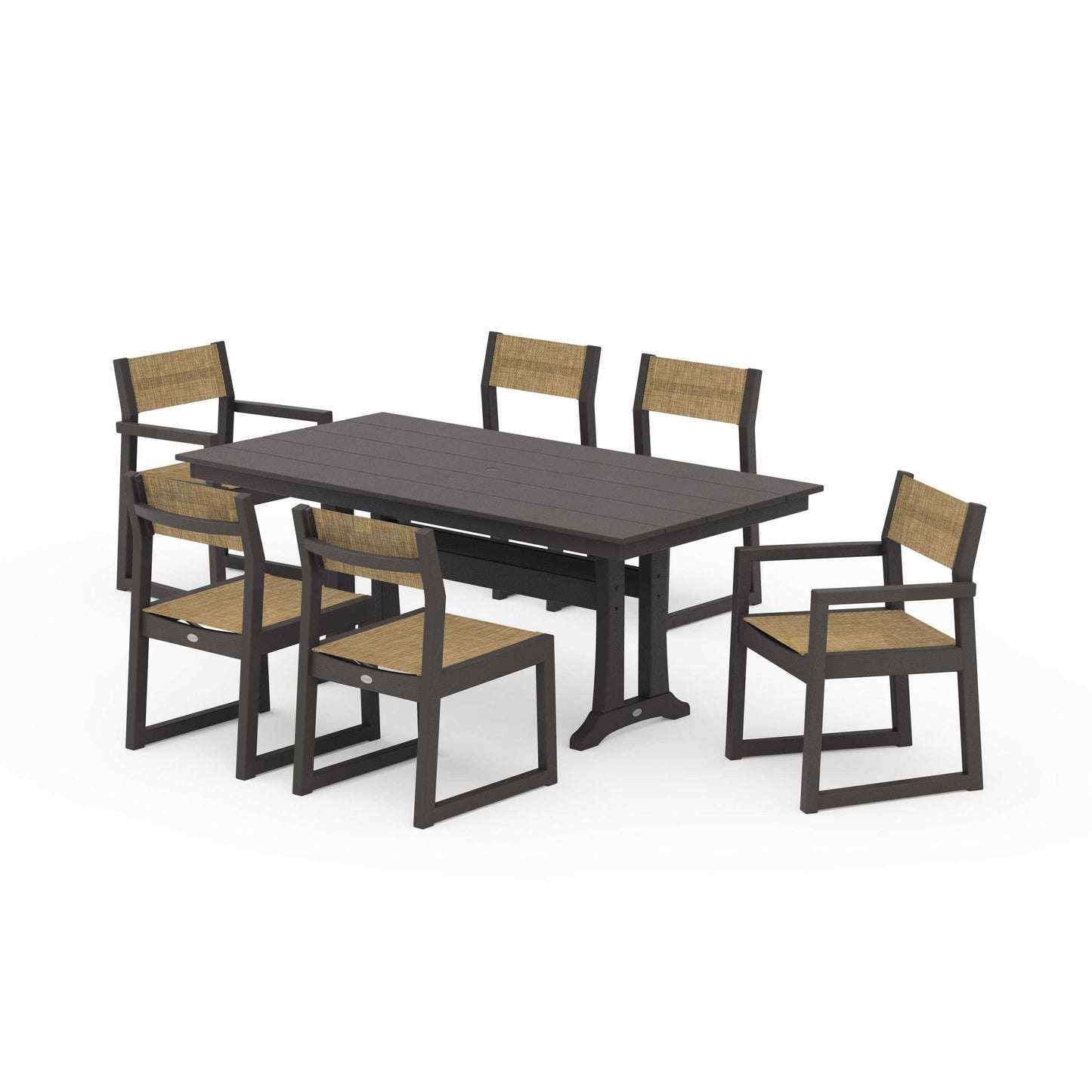POLYWOOD EDGE Sling 7-Piece Farmhouse Trestle Dining Set — Vintage Coffee / Burlap Sling