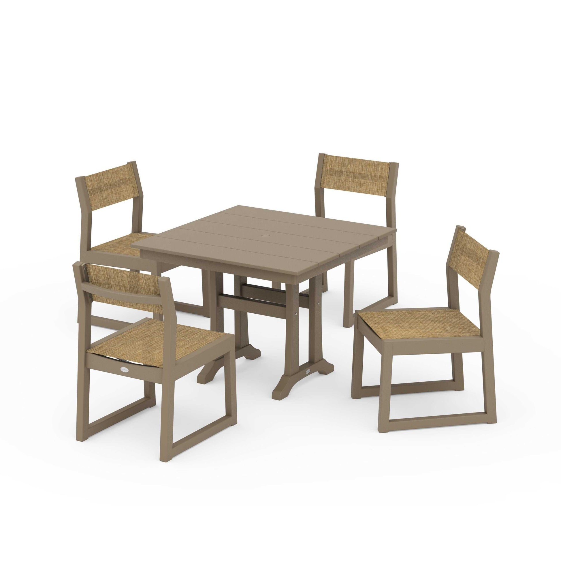 POLYWOOD EDGE Sling 5-Piece Farmhouse Trestle Side Chair Dining Set — Vintage Sahara / Burlap Sling