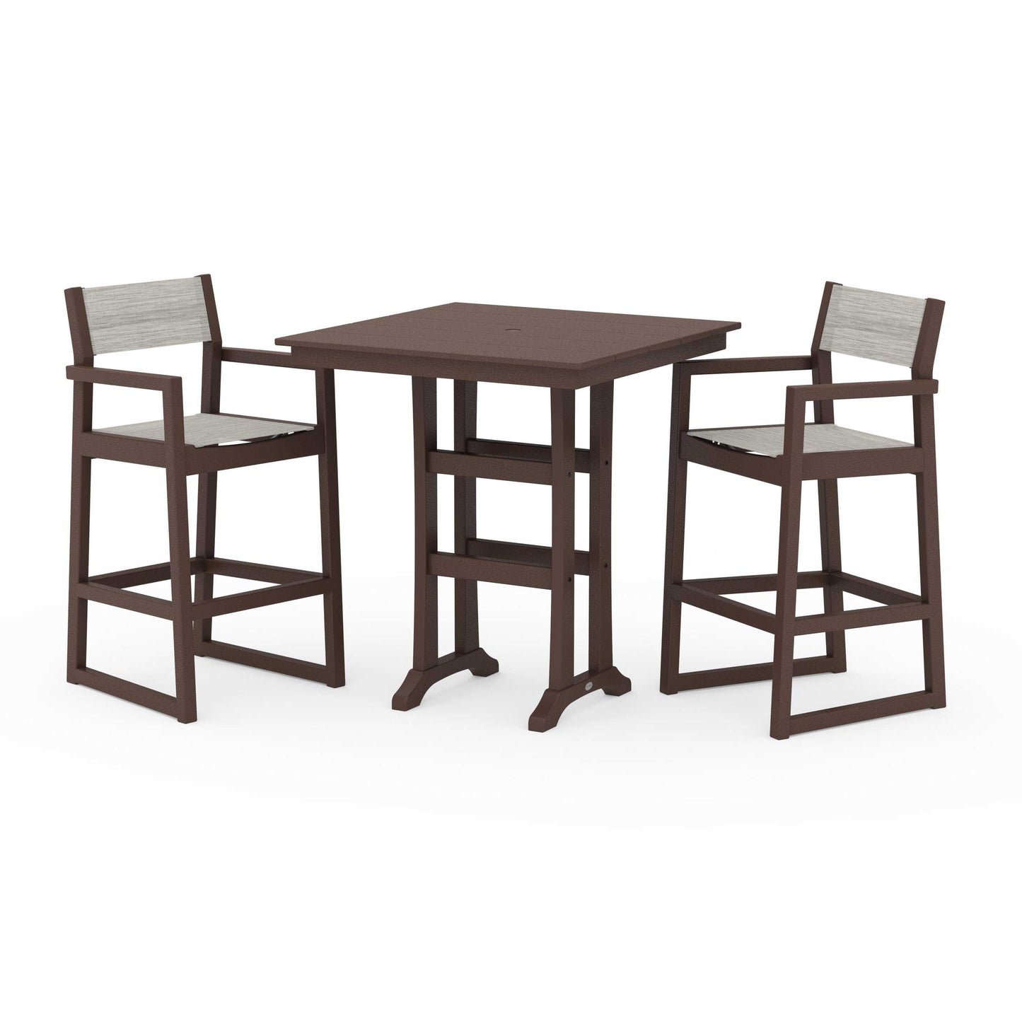 POLYWOOD EDGE Sling Arm Chair 3-Piece Farmhouse Bar Set with Trestle Legs — Mahogany / Birch Sling