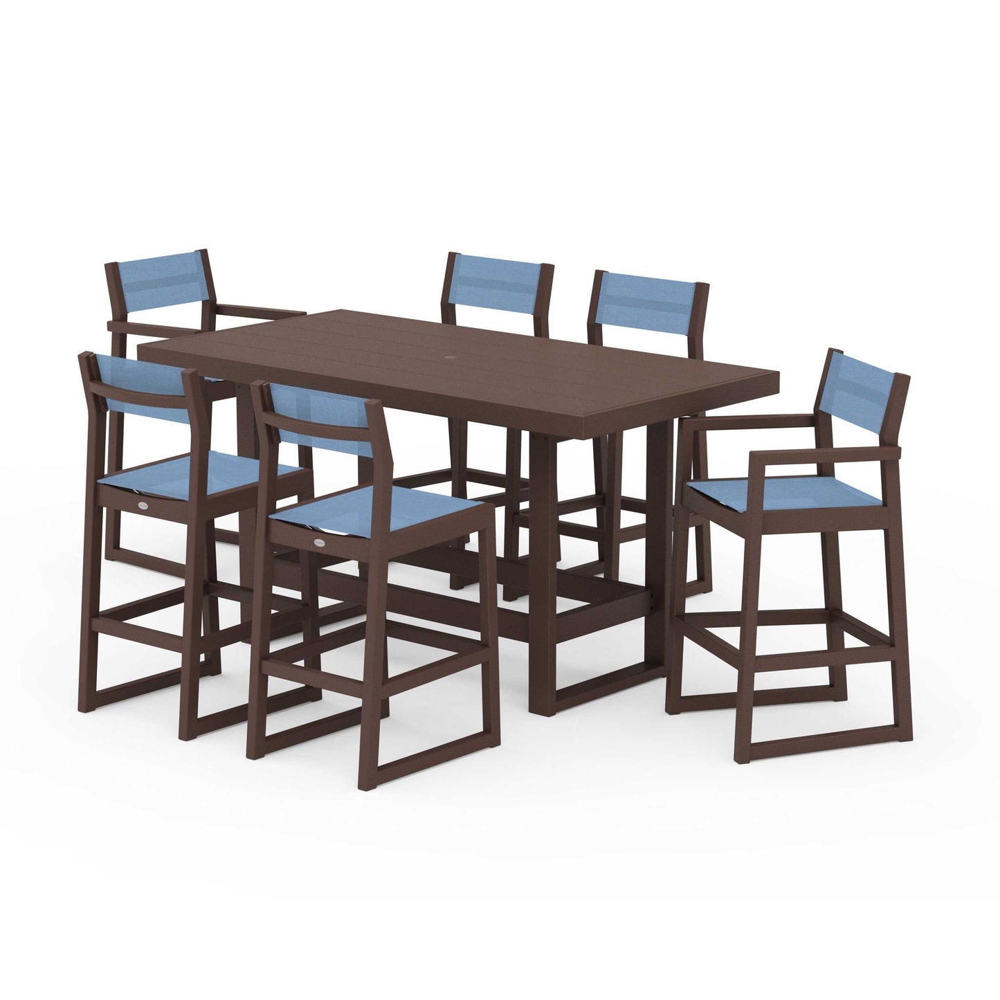 POLYWOOD EDGE Sling 7-Piece Bar Table Set — Mahogany / Poolside Sling