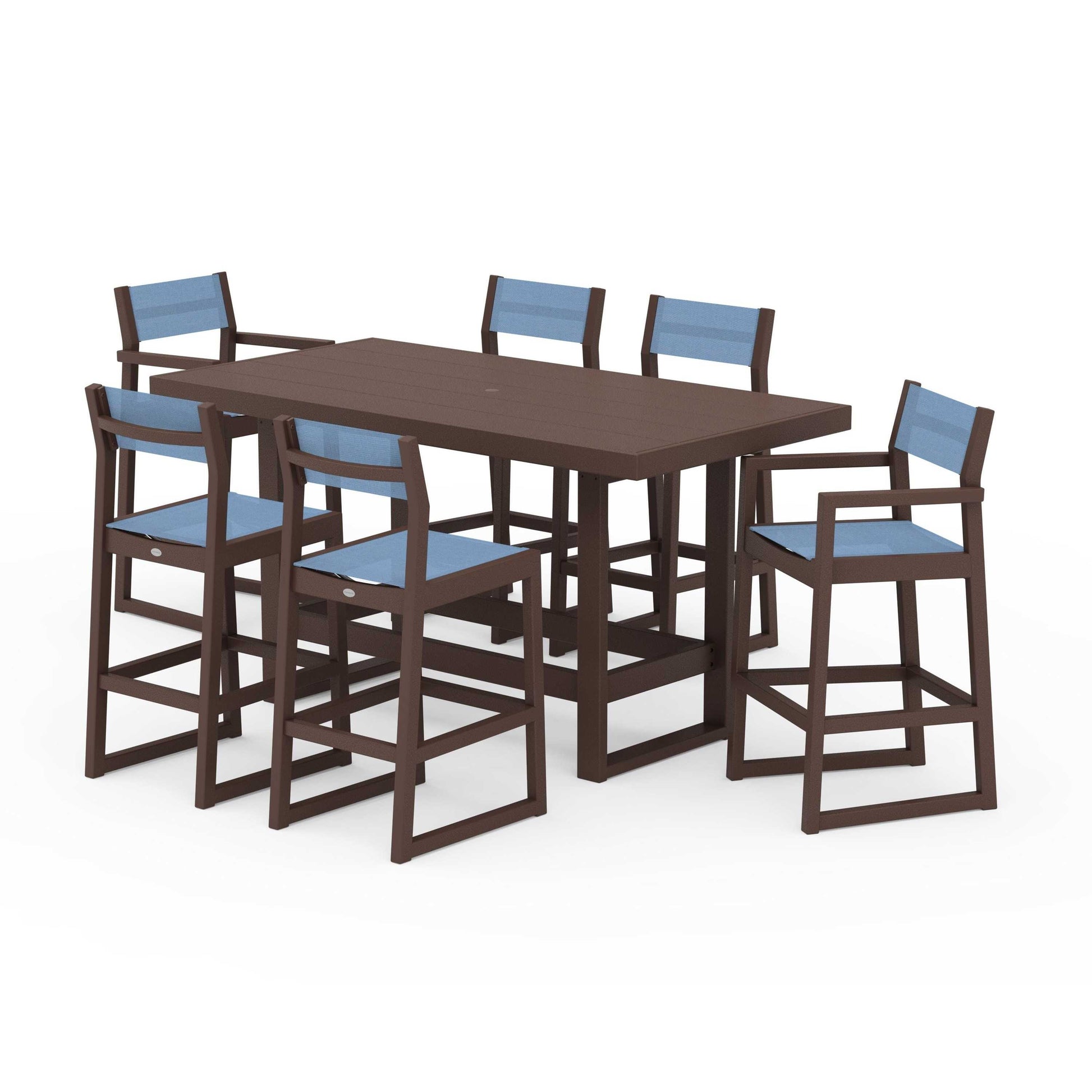 POLYWOOD EDGE Sling 7-Piece Bar Table Set — Mahogany / Poolside Sling