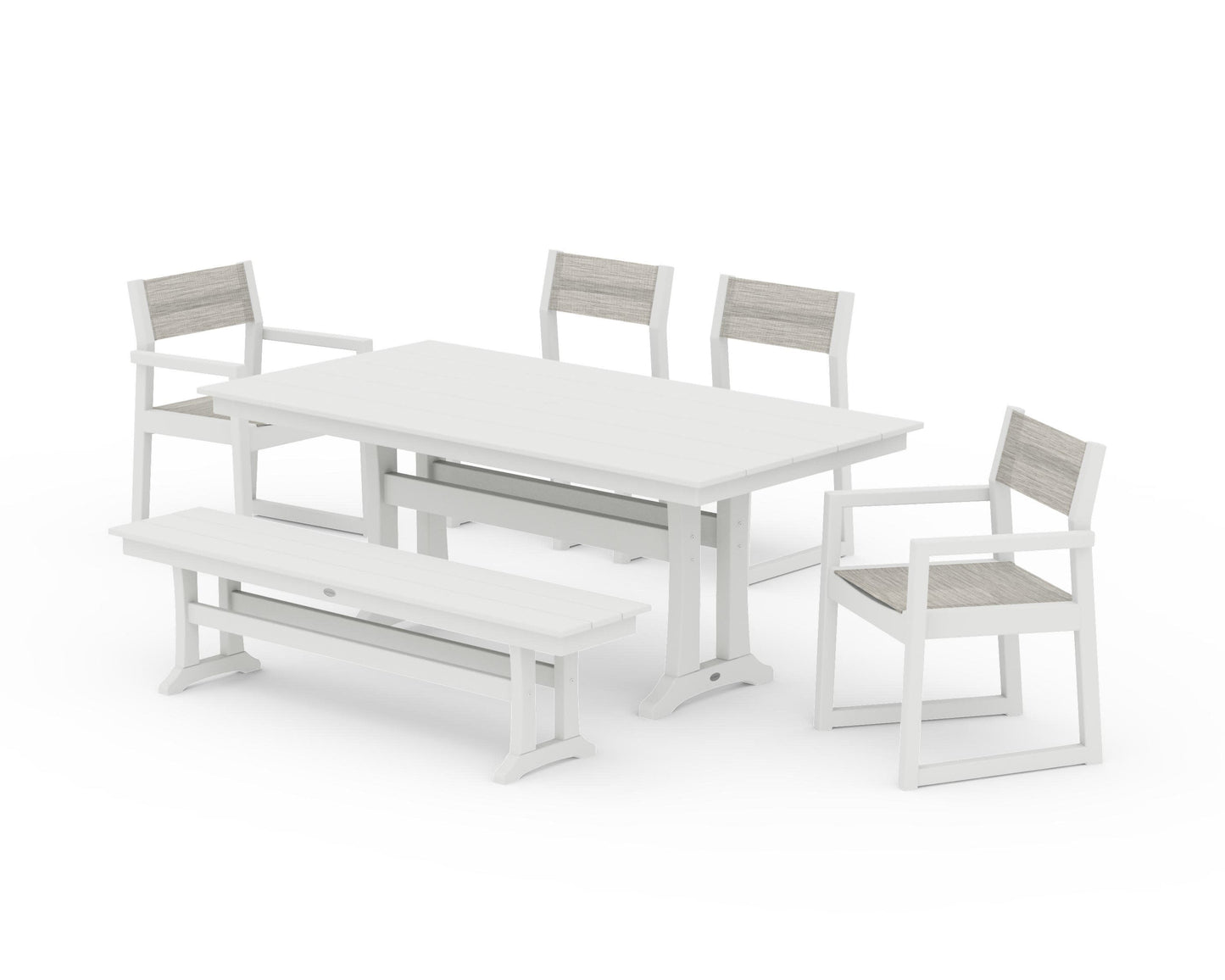 POLYWOOD EDGE Sling 6-Piece Farmhouse Dining Set With Trestle Legs — Vintage White / Birch Sling