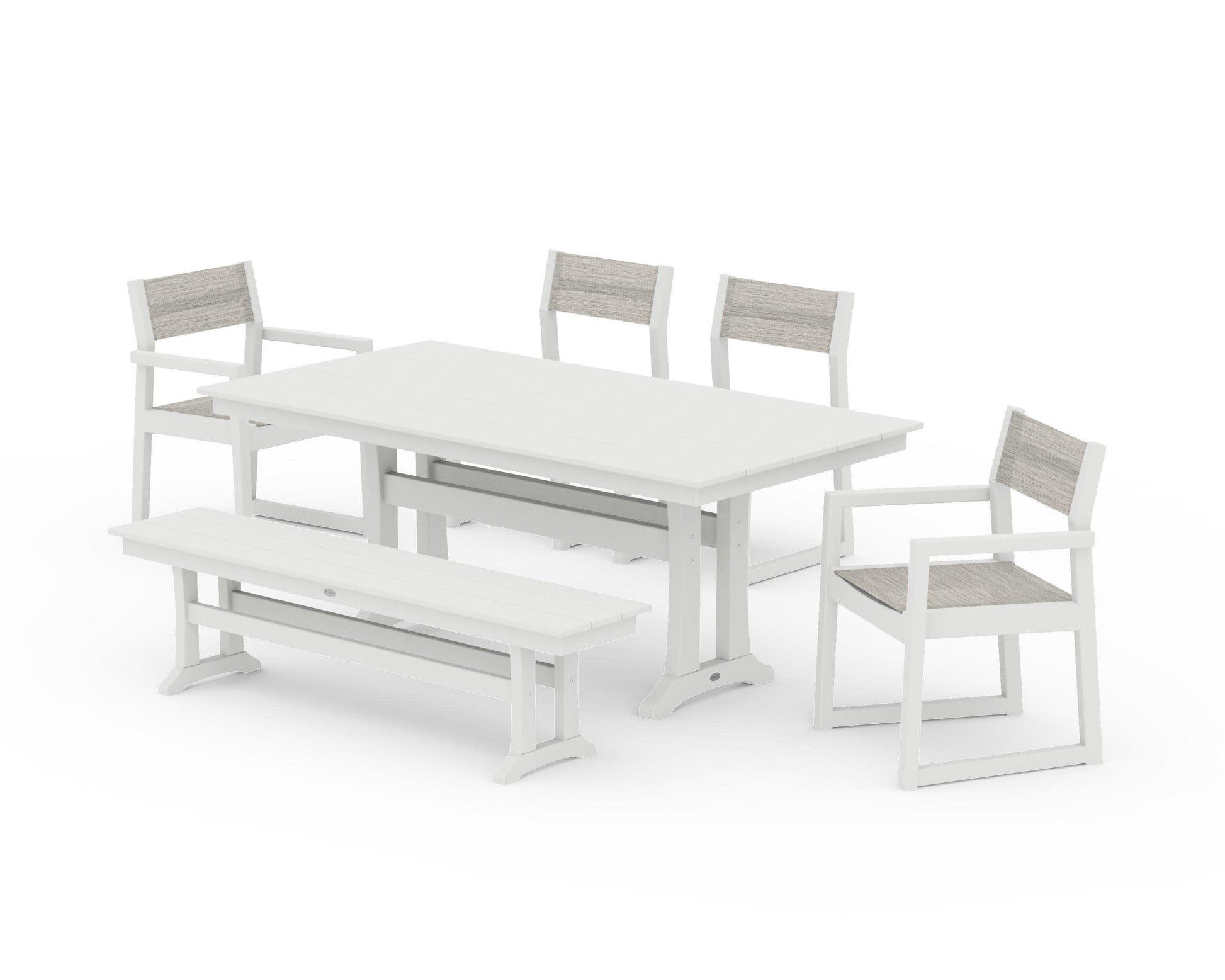 POLYWOOD EDGE Sling 6-Piece Farmhouse Dining Set With Trestle Legs — Vintage White / Birch Sling