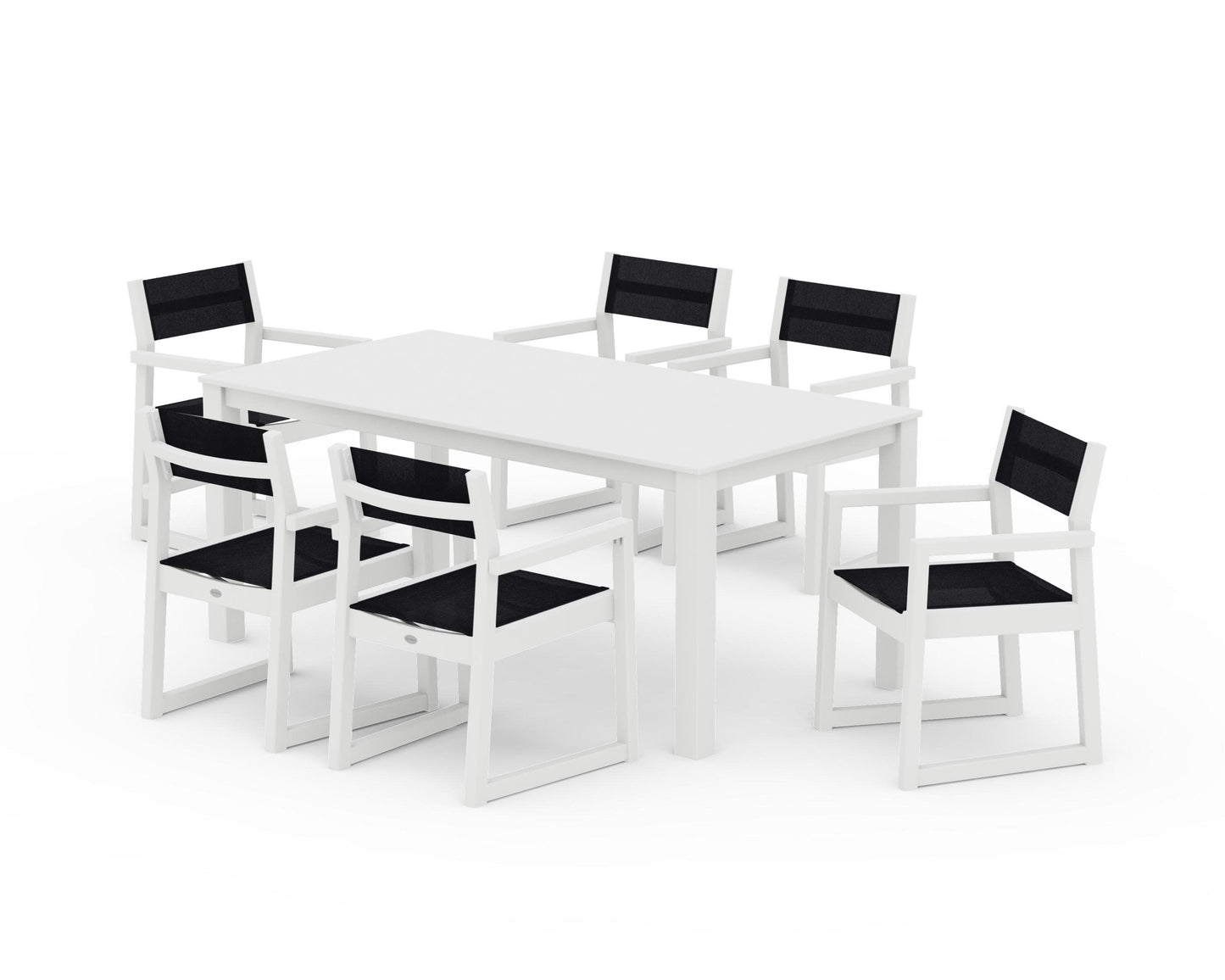 POLYWOOD EDGE Sling Arm Chair 7-Piece Parsons Dining Set — White / Black Sling
