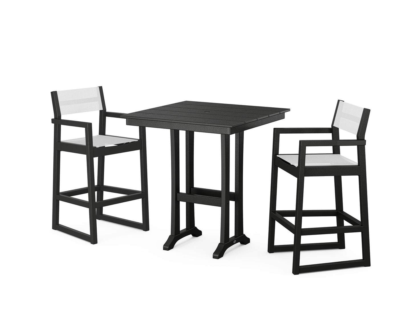 POLYWOOD EDGE Sling Arm Chair 3-Piece Farmhouse Bar Set with Trestle Legs — Black / White Sling