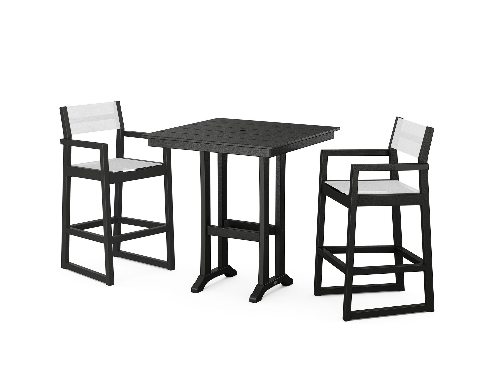 POLYWOOD EDGE Sling Arm Chair 3-Piece Farmhouse Bar Set with Trestle Legs — Black / White Sling