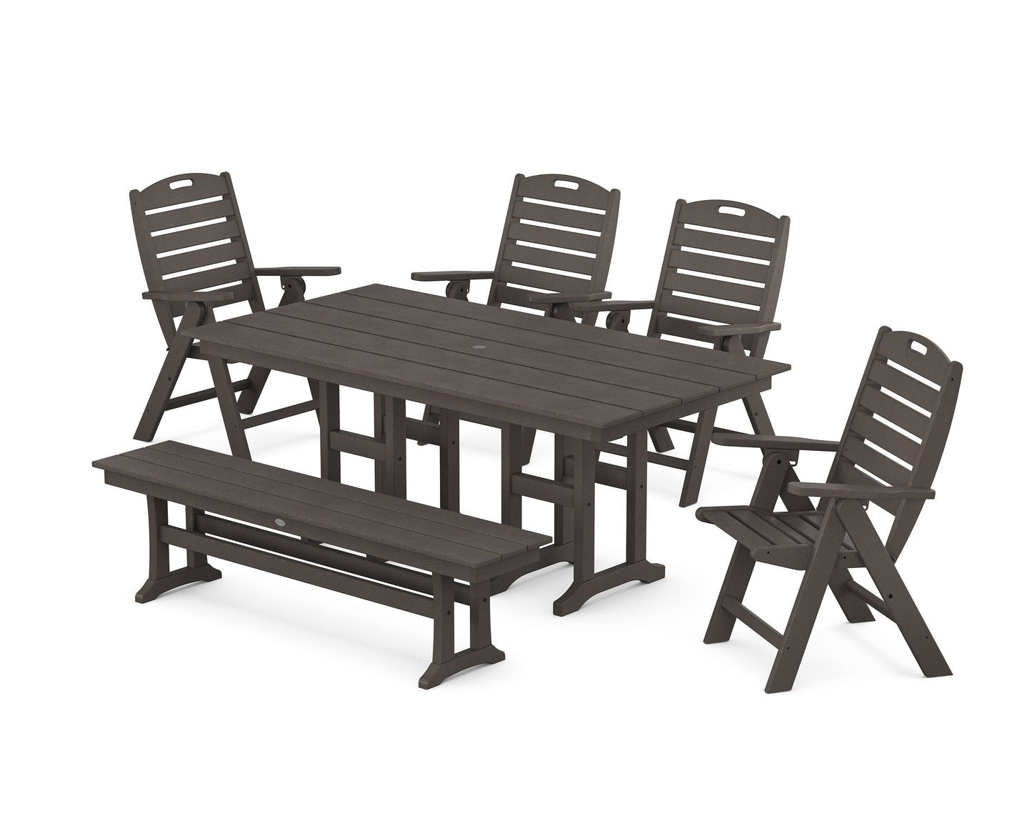 POLYWOOD Nautical Highback 6-Piece Farmhouse Dining Set with Bench — Vintage Coffee