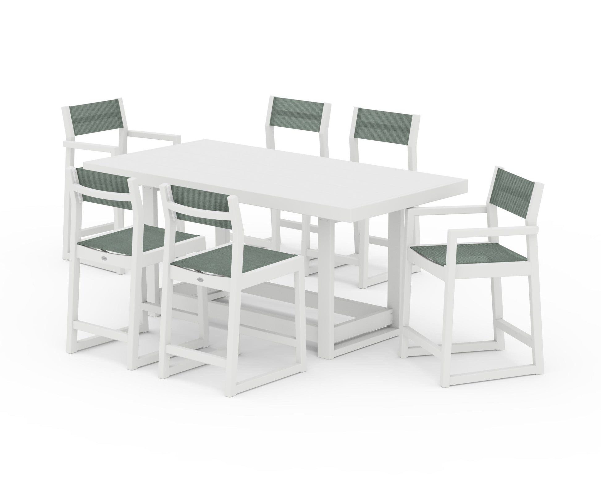 POLYWOOD EDGE Sling 7-Piece Counter Table Set — White / Dupioni Sea Mist Sling