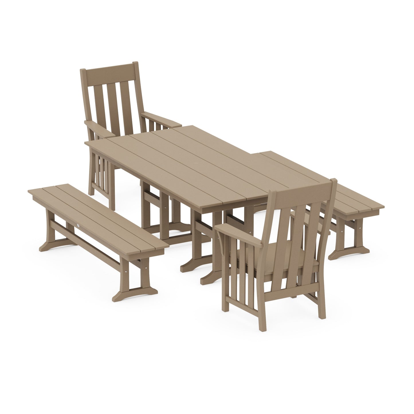 POLYWOOD Acadia 5-Piece Farmhouse Dining Set with Benches — Vintage Sahara