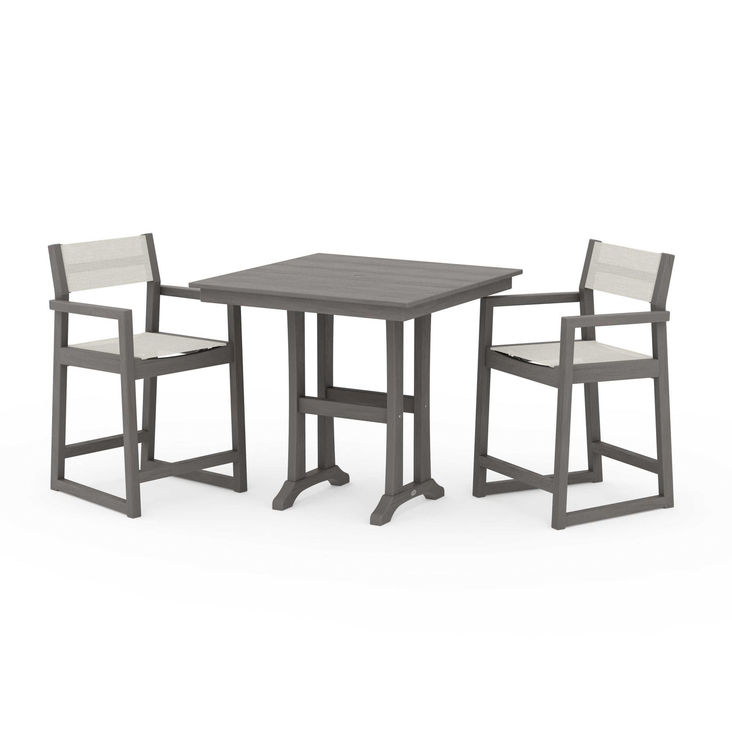 POLYWOOD EDGE Sling Arm Chair 3-Piece Farmhouse Counter Set with Trestle Legs — Driftwood / Parchment Sling
