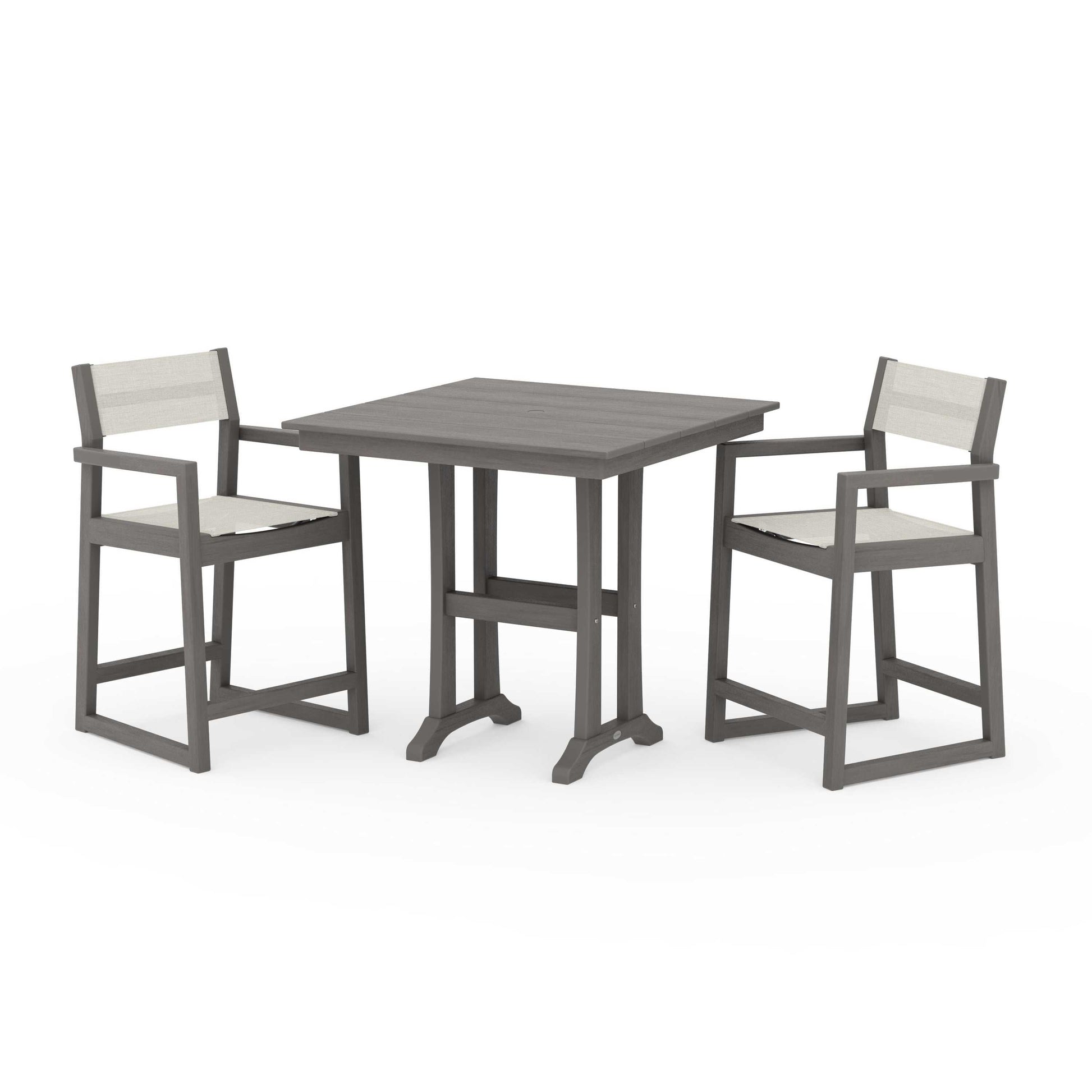 POLYWOOD EDGE Sling Arm Chair 3-Piece Farmhouse Counter Set with Trestle Legs — Driftwood / Parchment Sling
