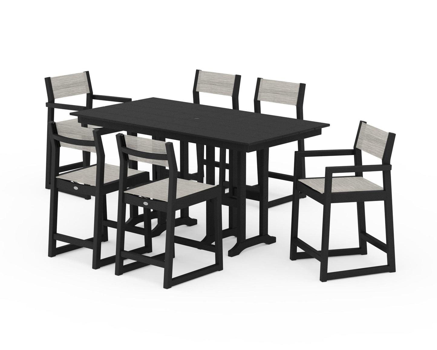 POLYWOOD EDGE Sling 7-Piece Farmhouse Counter Set with Trestle Legs — Black / Birch Sling