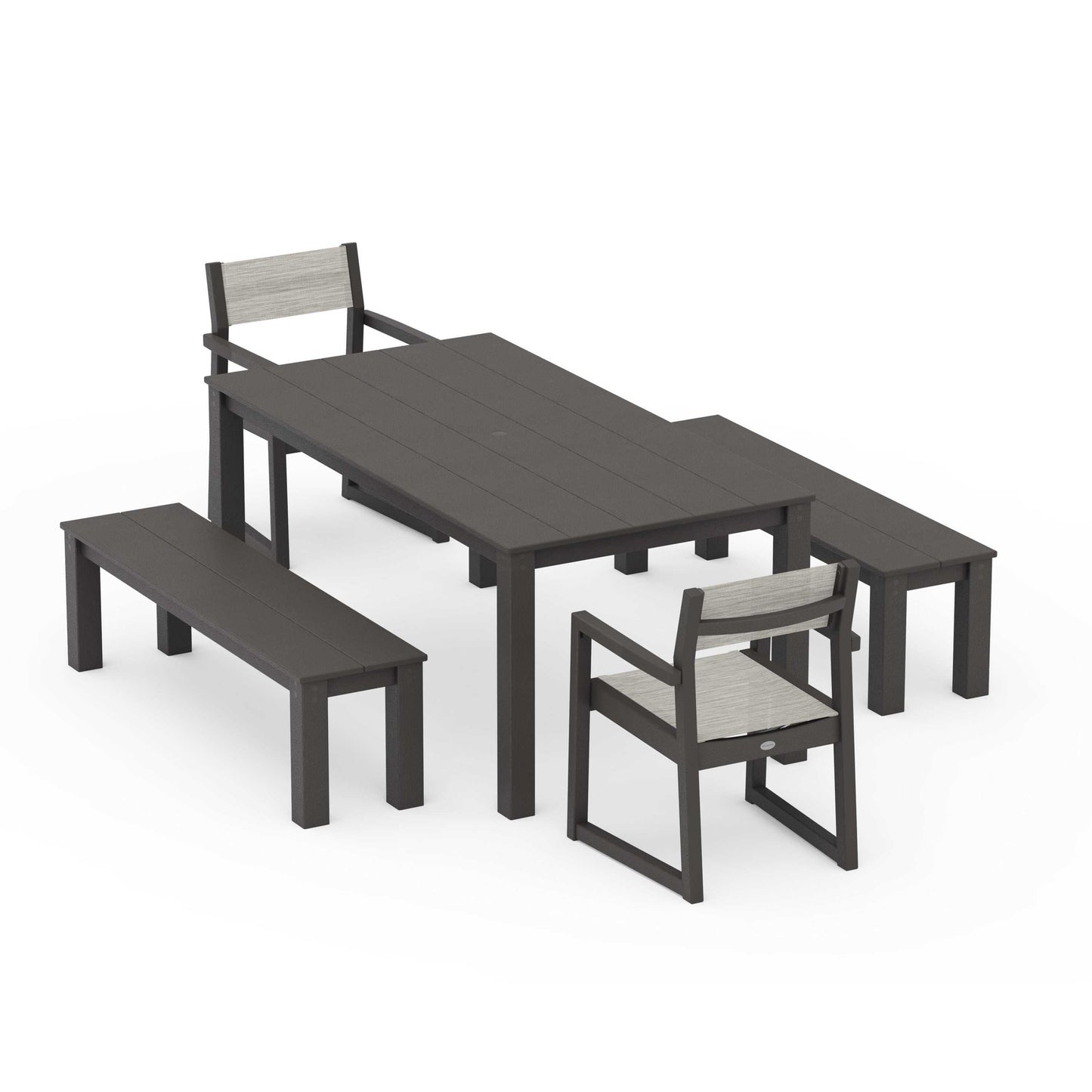 POLYWOOD EDGE Sling Arm Chair 5-Piece Parsons Dining Set with Benches — Vintage Coffee / Birch Sling