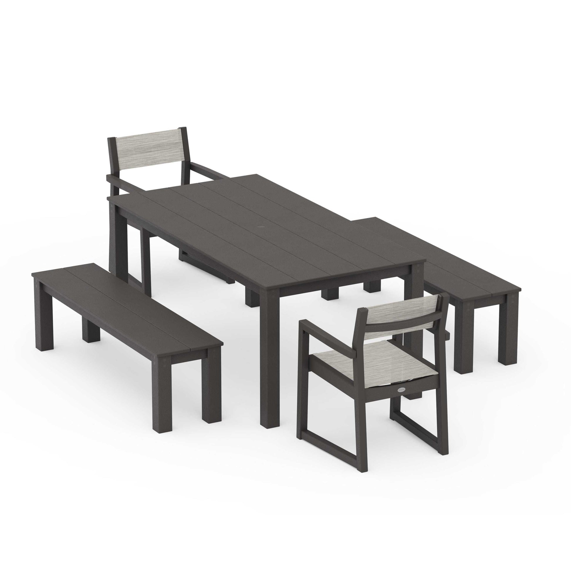 POLYWOOD EDGE Sling Arm Chair 5-Piece Parsons Dining Set with Benches — Vintage Coffee / Birch Sling