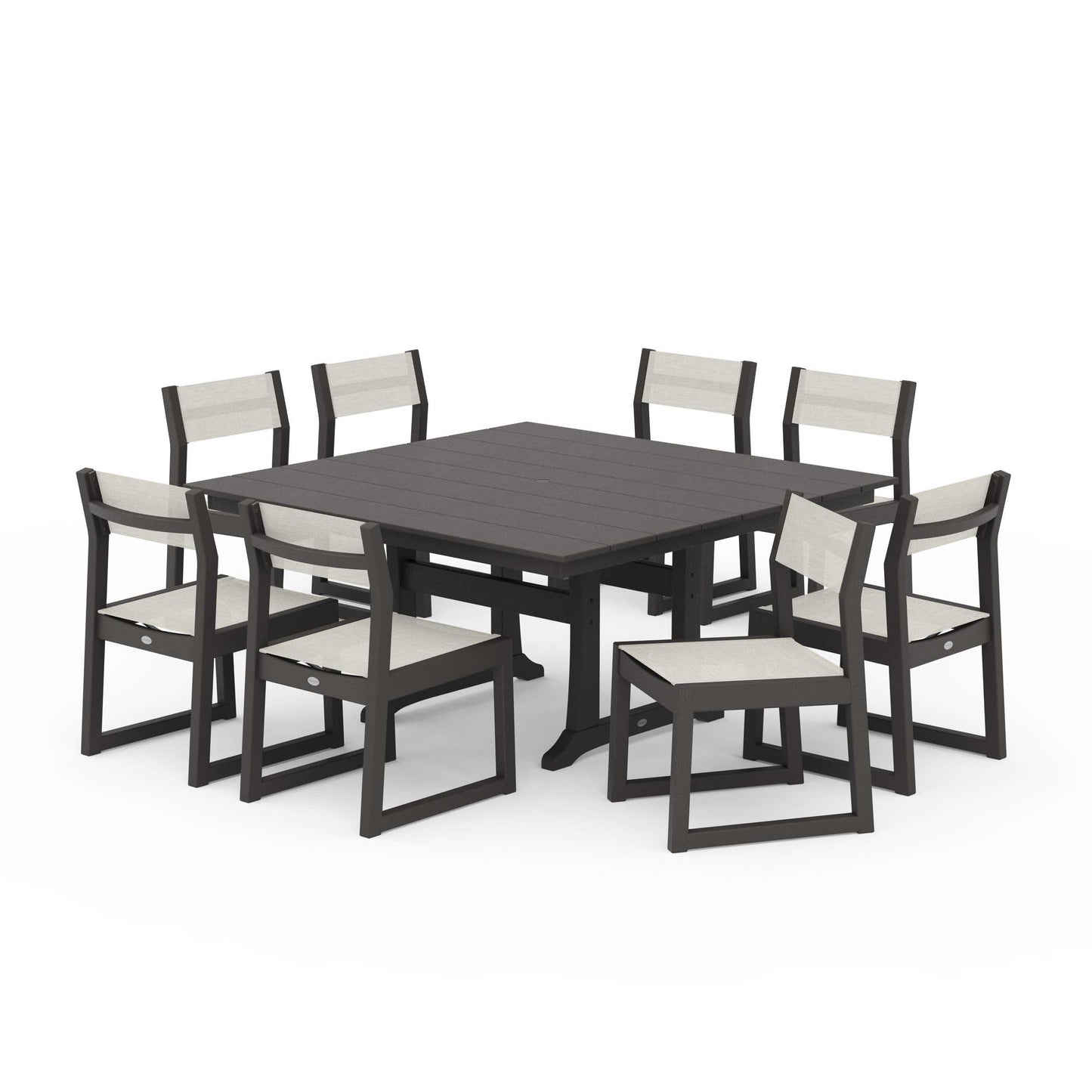 POLYWOOD EDGE Sling Side Chair 9-Piece Farmhouse Trestle Dining Set — Vintage Coffee / Parchment Sling