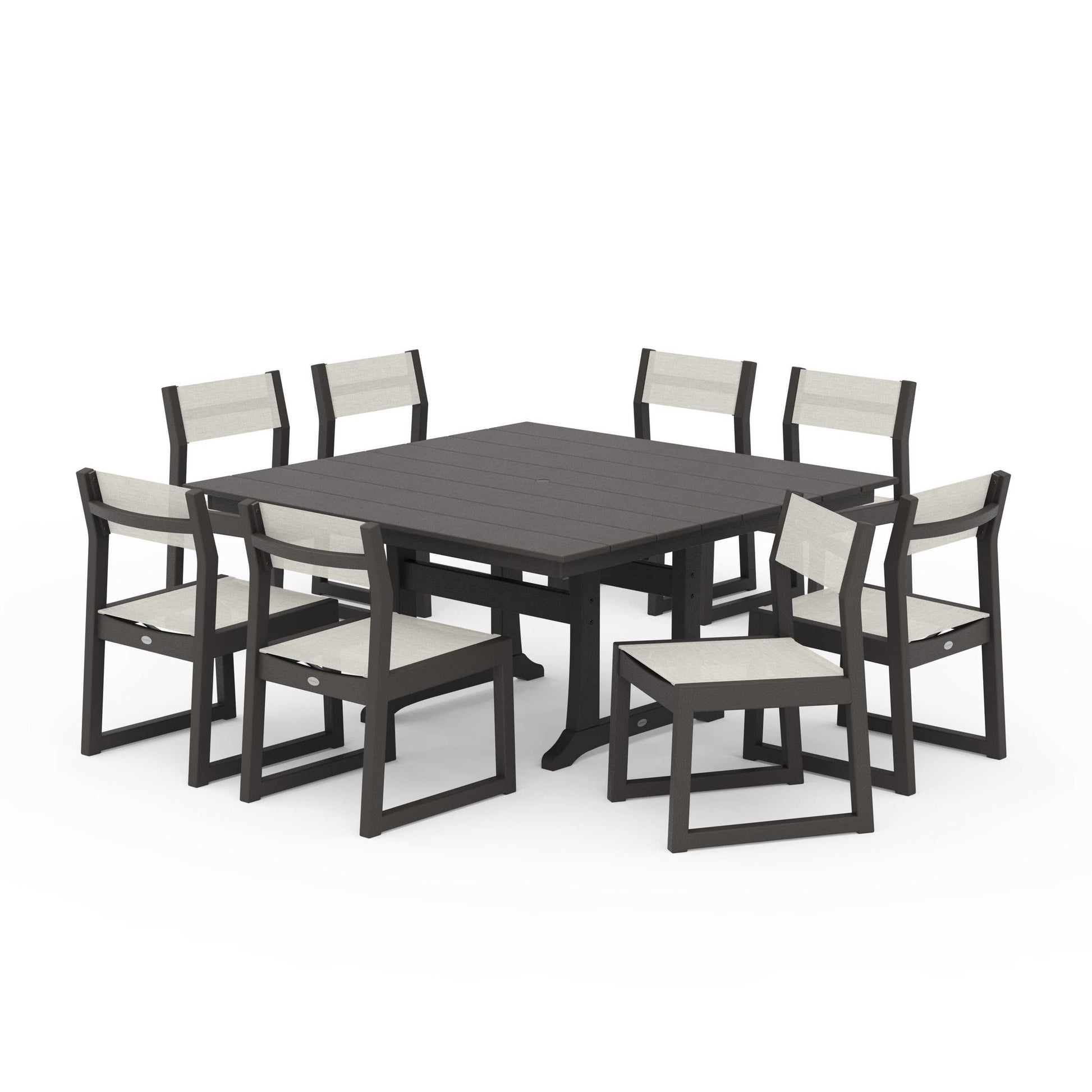 POLYWOOD EDGE Sling Side Chair 9-Piece Farmhouse Trestle Dining Set — Vintage Coffee / Parchment Sling
