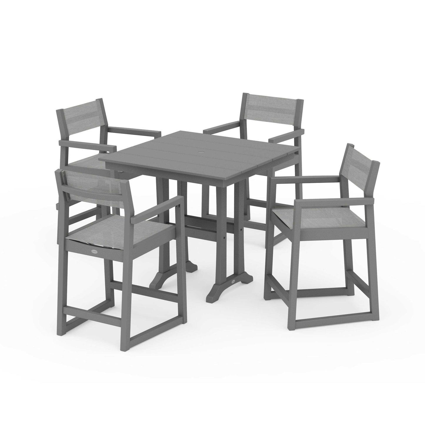 POLYWOOD EDGE Sling Arm Chair 5-Piece Farmhouse Counter Set with Trestle Legs — Slate Grey / Metallic Sling