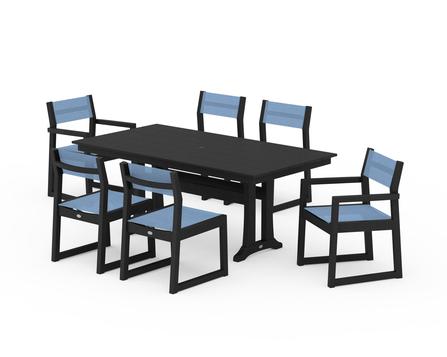 POLYWOOD EDGE Sling 7-Piece Farmhouse Trestle Dining Set — Black / Poolside Sling