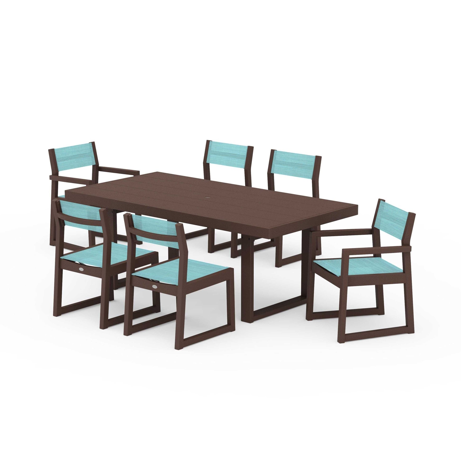 POLYWOOD EDGE Sling 7-Piece Dining Set — Mahogany / Dupioni Aquamarine Sling