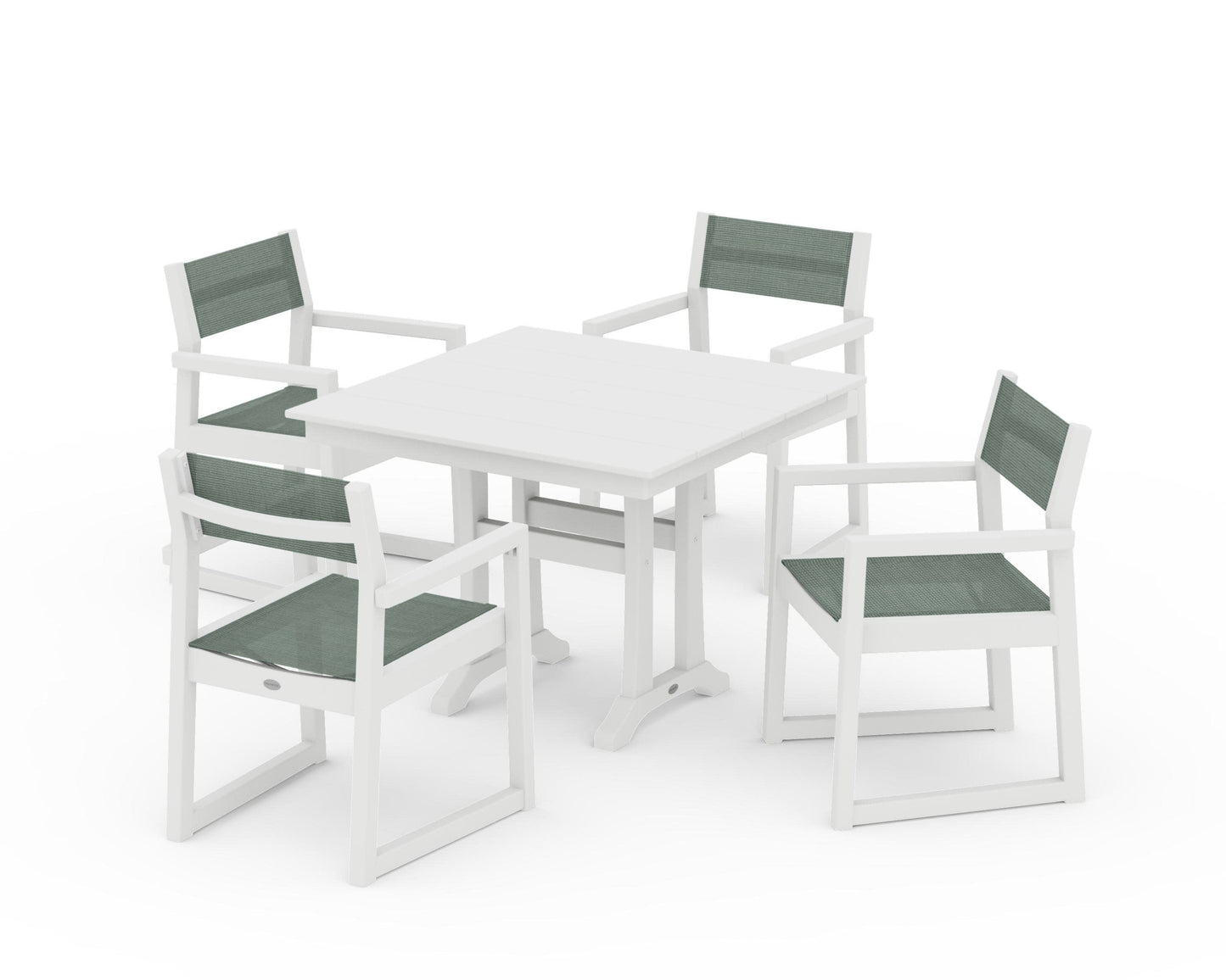 POLYWOOD EDGE Sling 5-Piece Farmhouse Dining Set with Trestle Legs — White / Dupioni Sea Mist Sling