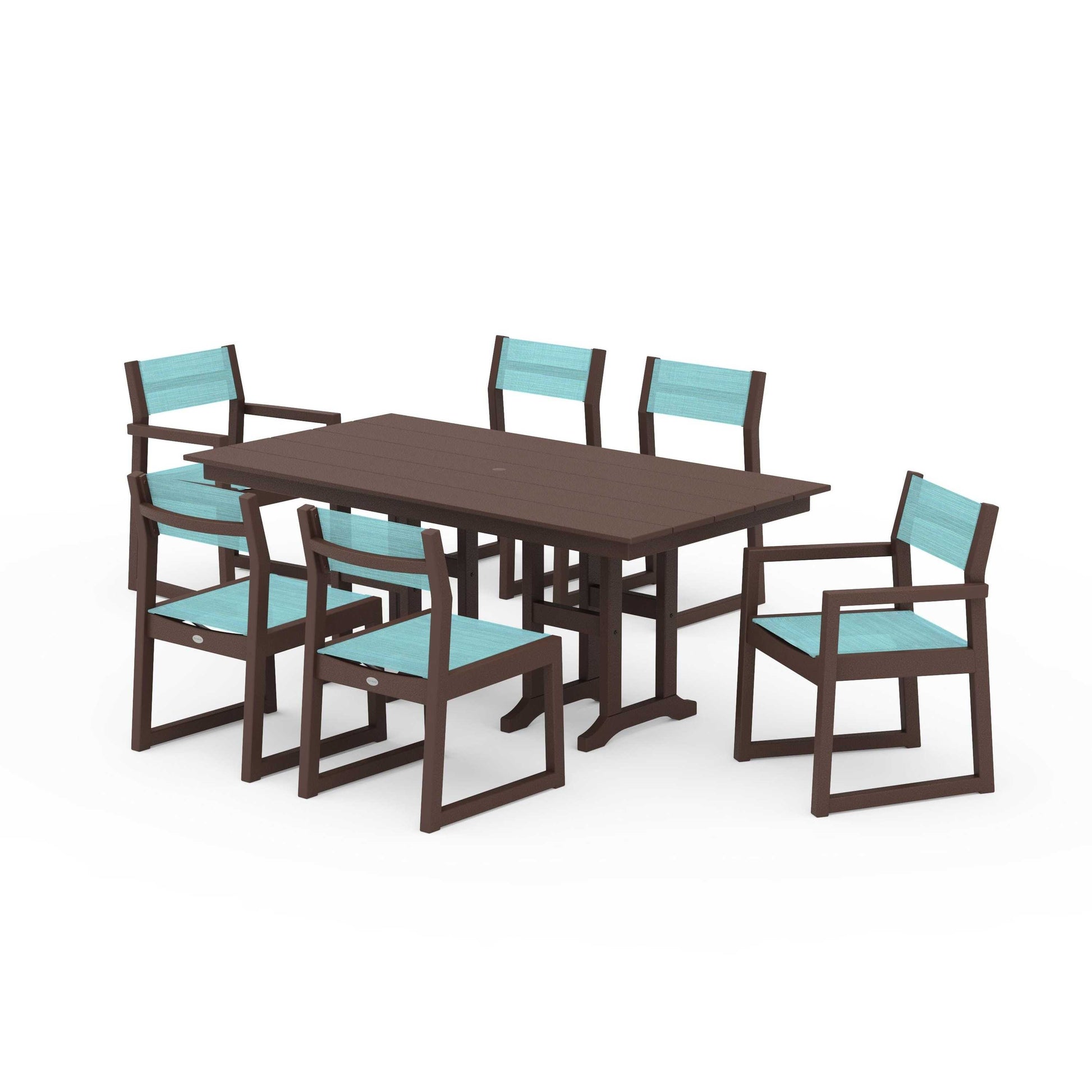 POLYWOOD EDGE Sling 7-Piece Farmhouse Dining Set — Mahogany / Dupioni Aquamarine Sling
