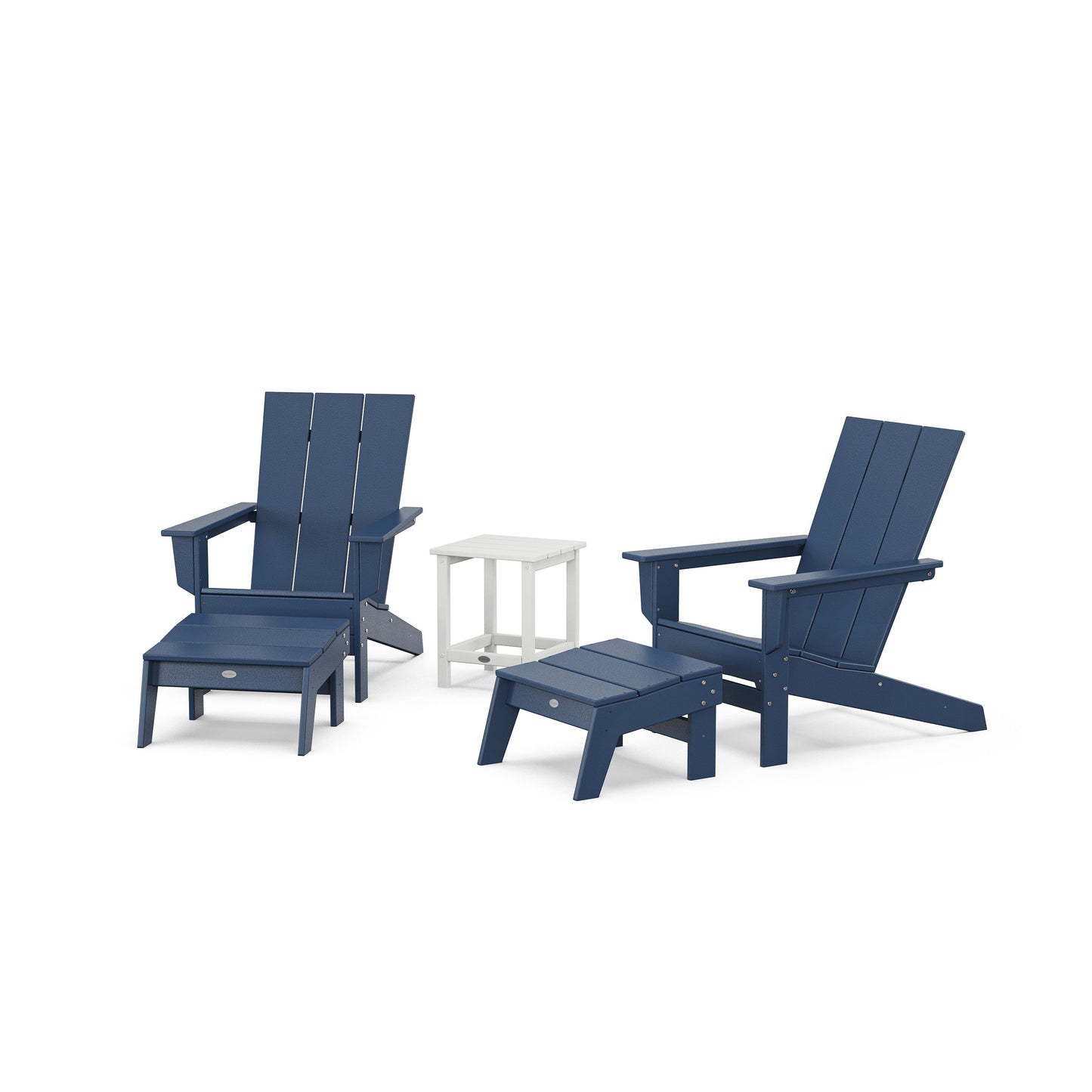 POLYWOOD 5-Piece Modern Studio Adirondack Set with Ottomans and Side Table — Navy / White
