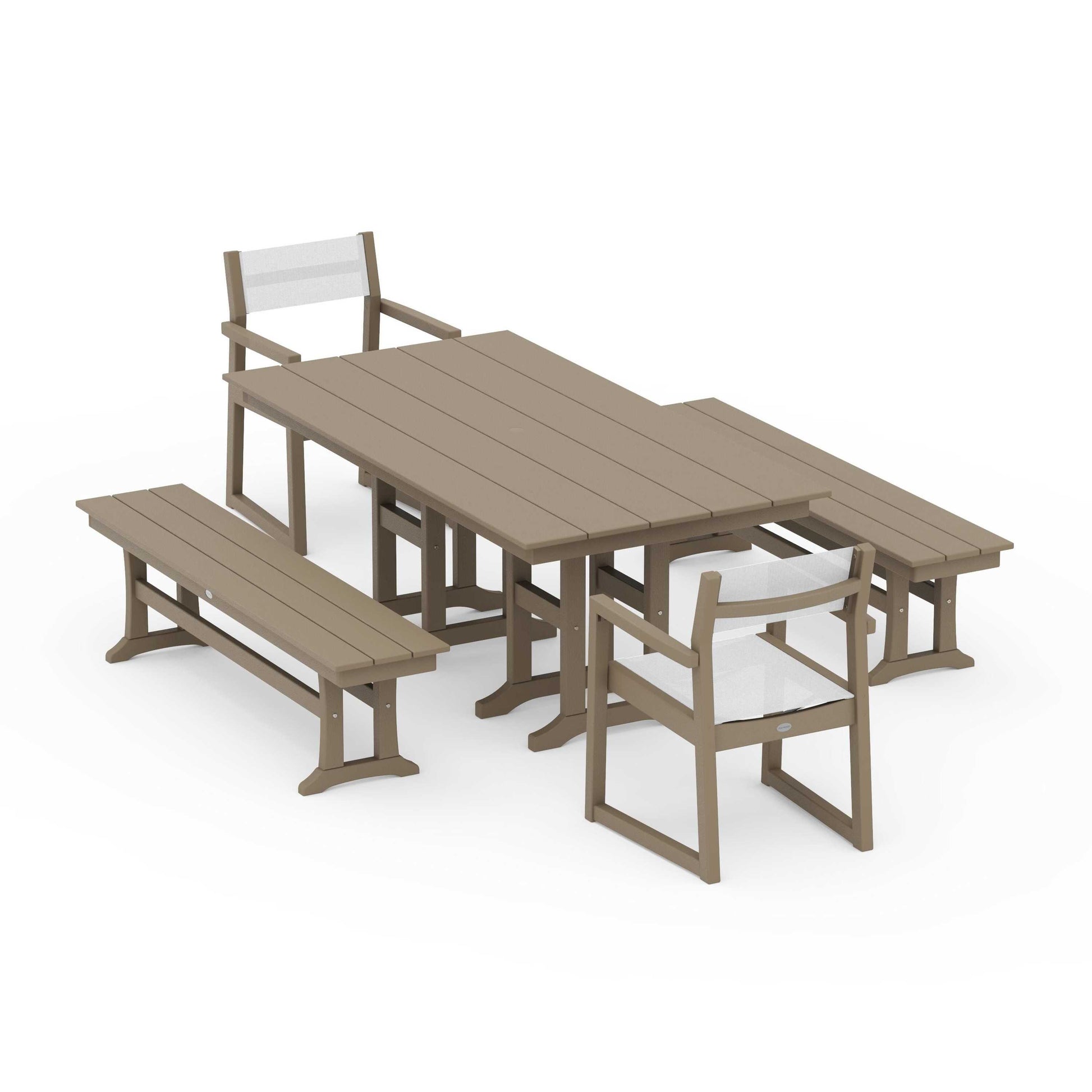 POLYWOOD EDGE Sling Arm Chair 5-Piece Farmhouse Dining Set with Benches — Vintage Sahara / White Sling