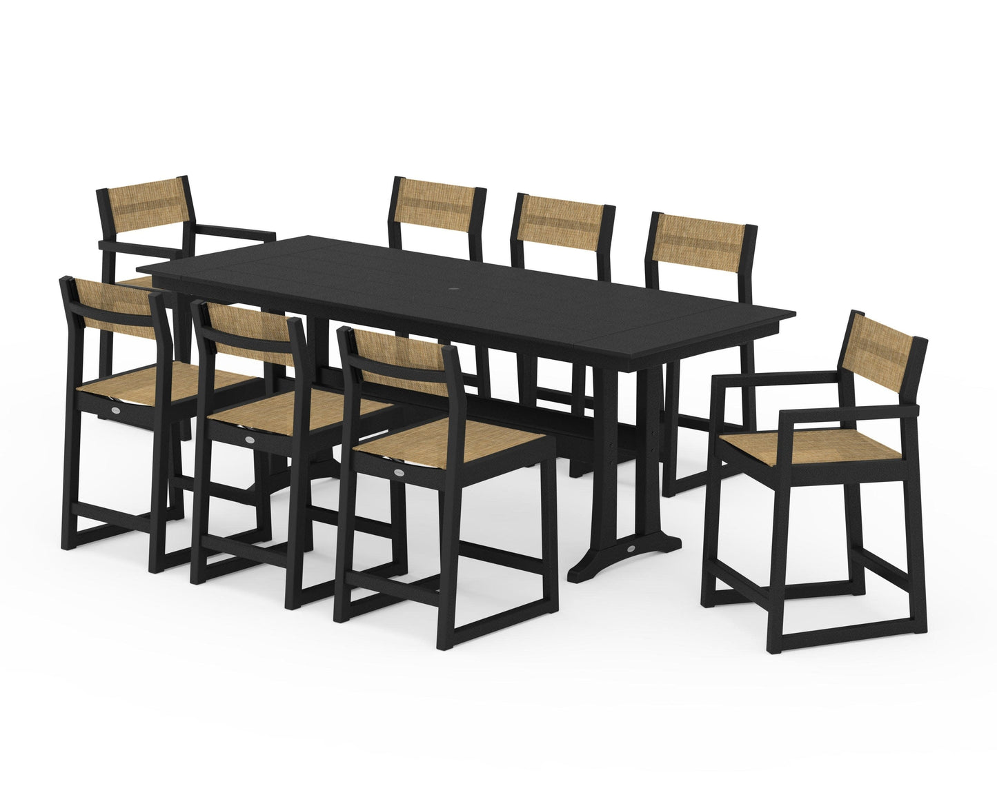 POLYWOOD EDGE Sling 9-Piece Farmhouse Counter Set with Trestle Legs — Black / Burlap Sling