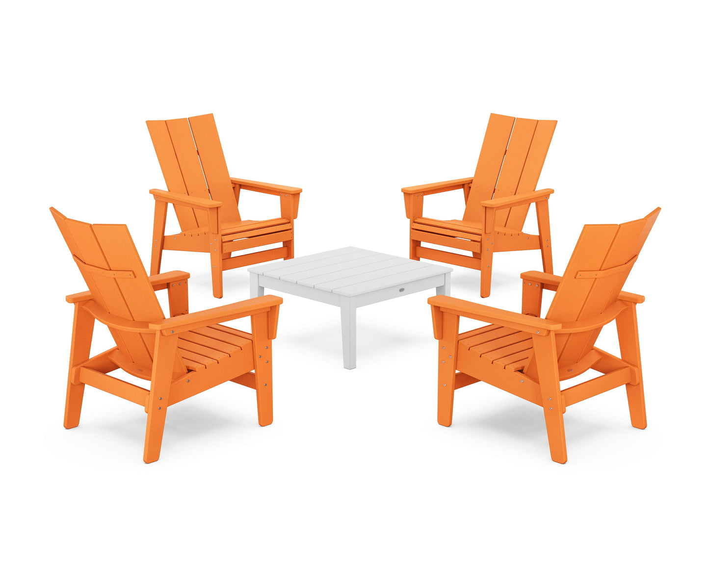 POLYWOOD 5-Piece Modern Grand Upright Adirondack Chair Conversation Group — Tangerine / White