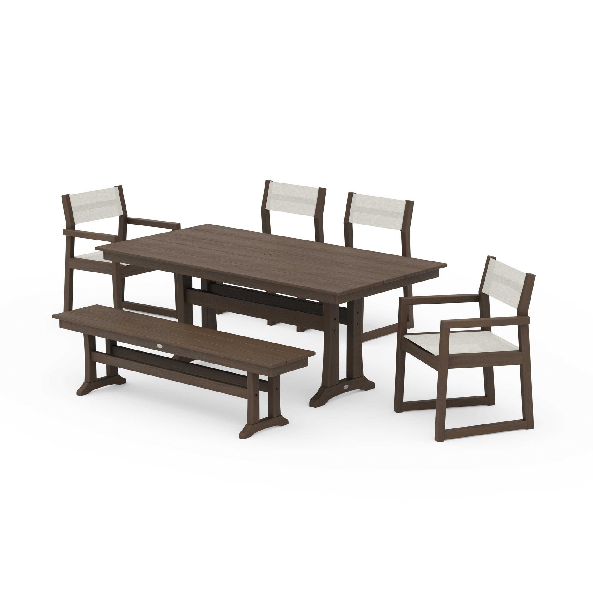 POLYWOOD EDGE Sling 6-Piece Farmhouse Dining Set With Trestle Legs — Kona / Parchment Sling