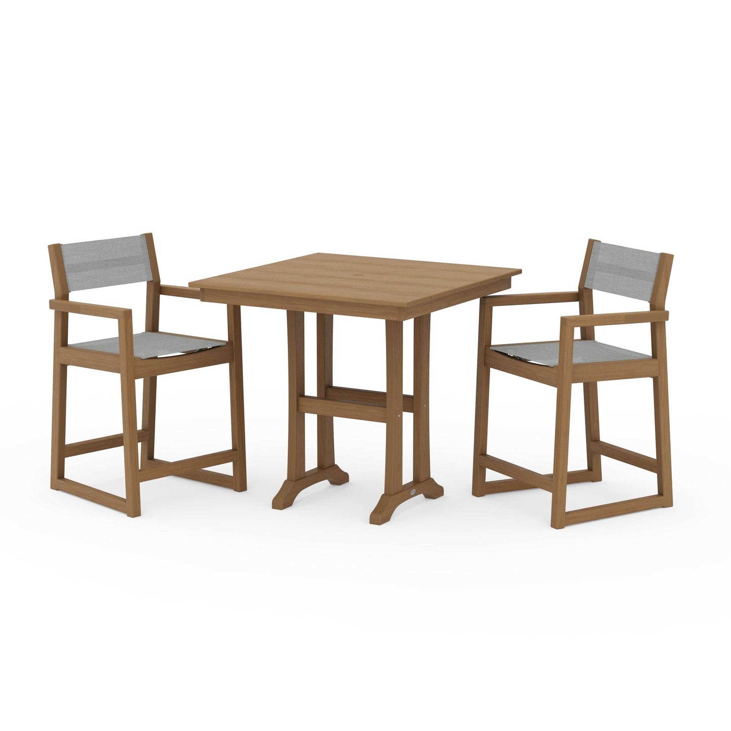 POLYWOOD EDGE Sling Arm Chair 3-Piece Farmhouse Counter Set with Trestle Legs — Natural / Metallic Sling