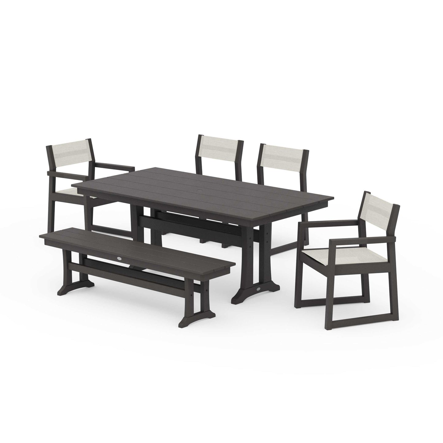 POLYWOOD EDGE Sling 6-Piece Farmhouse Dining Set With Trestle Legs — Vintage Coffee / Parchment Sling