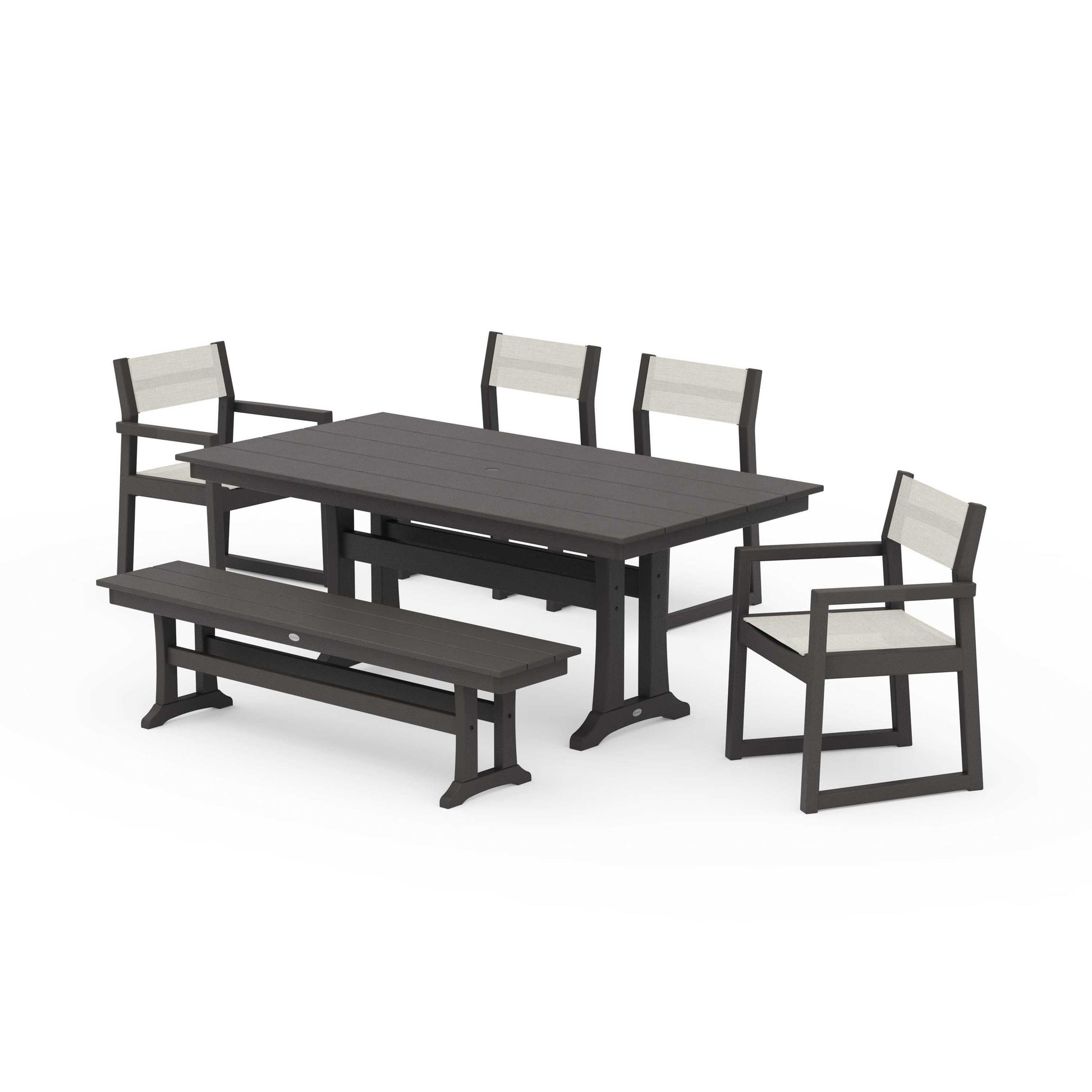 POLYWOOD EDGE Sling 6-Piece Farmhouse Dining Set With Trestle Legs — Vintage Coffee / Parchment Sling