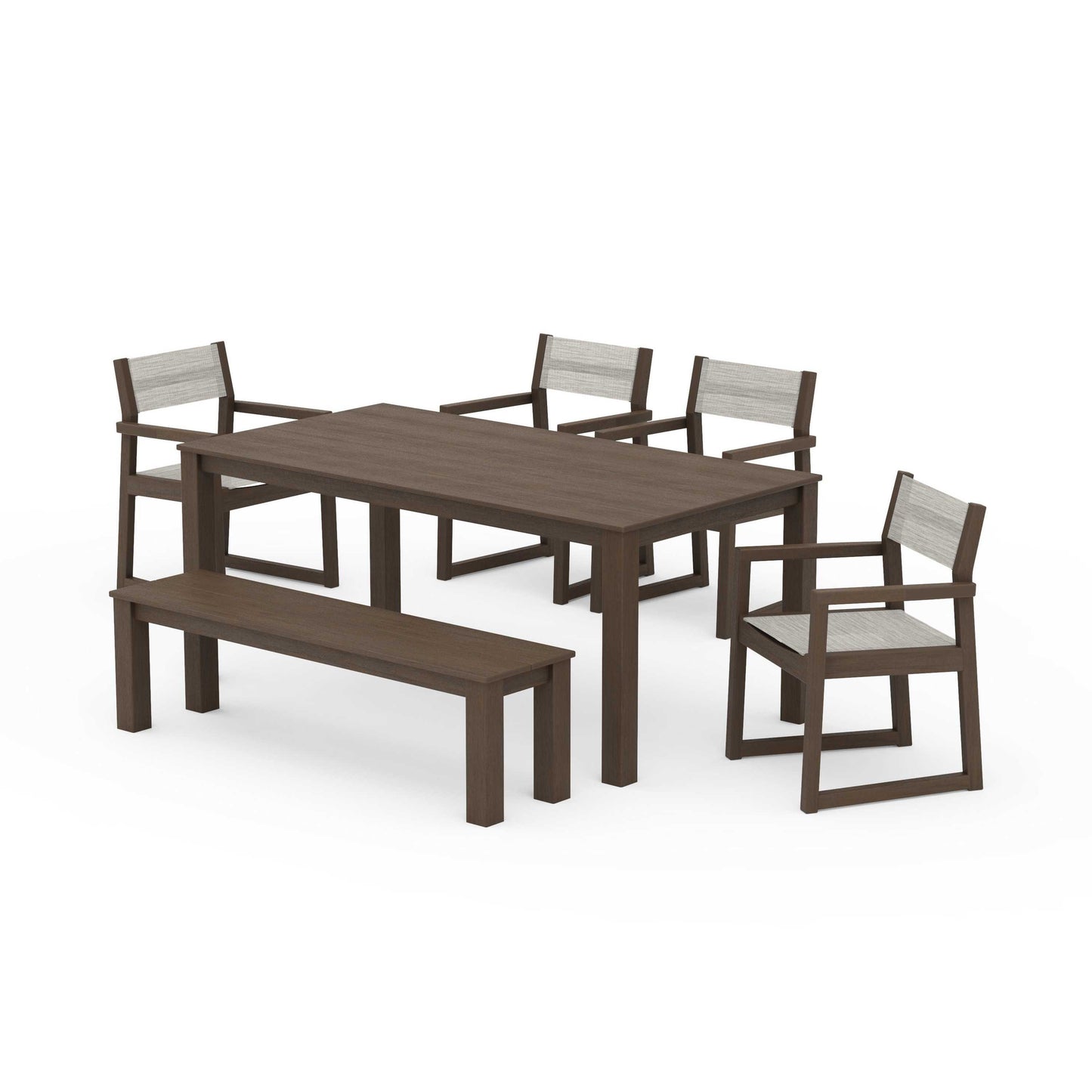 POLYWOOD EDGE Sling Arm Chair 6-Piece Parsons Dining Set with Bench — Kona / Birch Sling