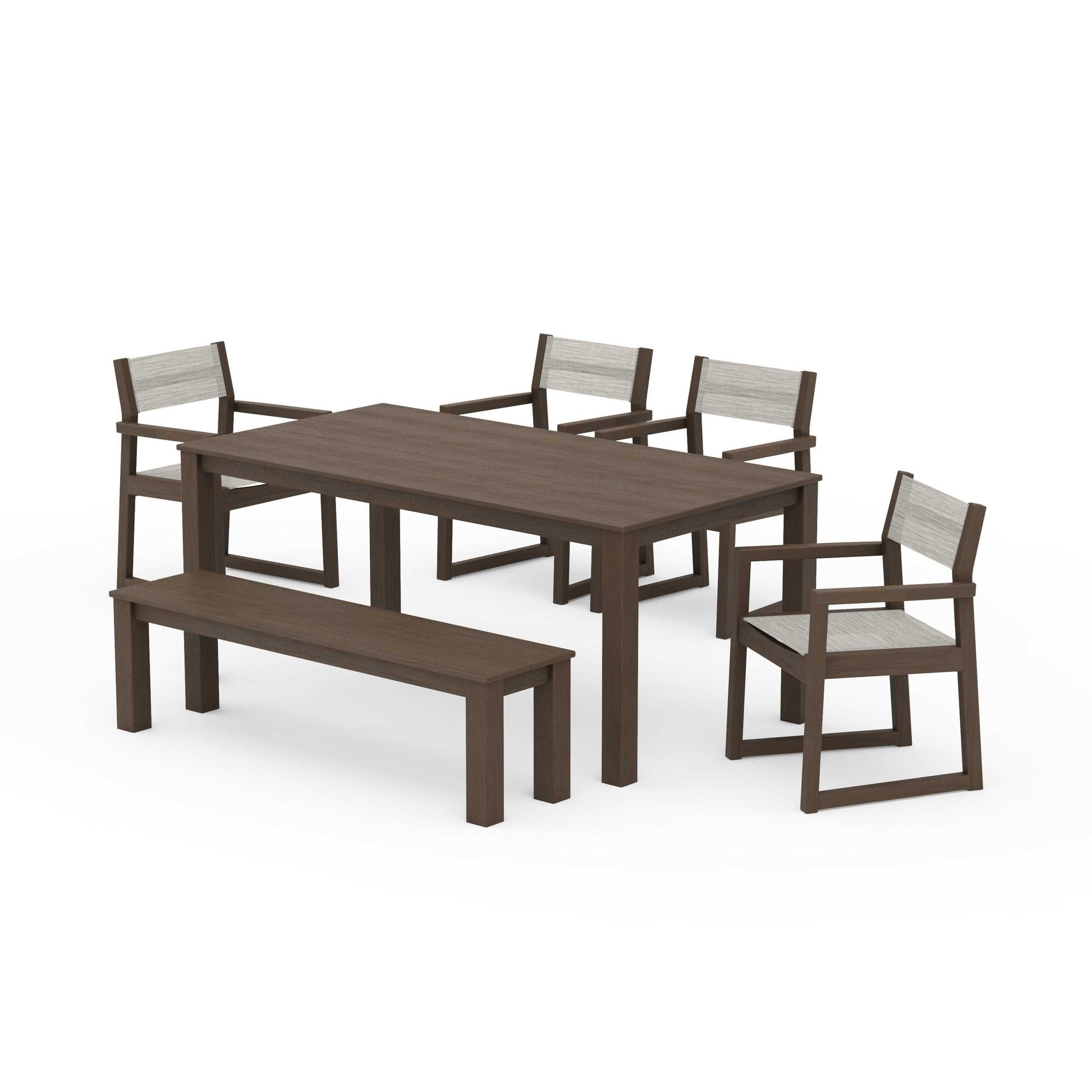POLYWOOD EDGE Sling Arm Chair 6-Piece Parsons Dining Set with Bench — Kona / Birch Sling